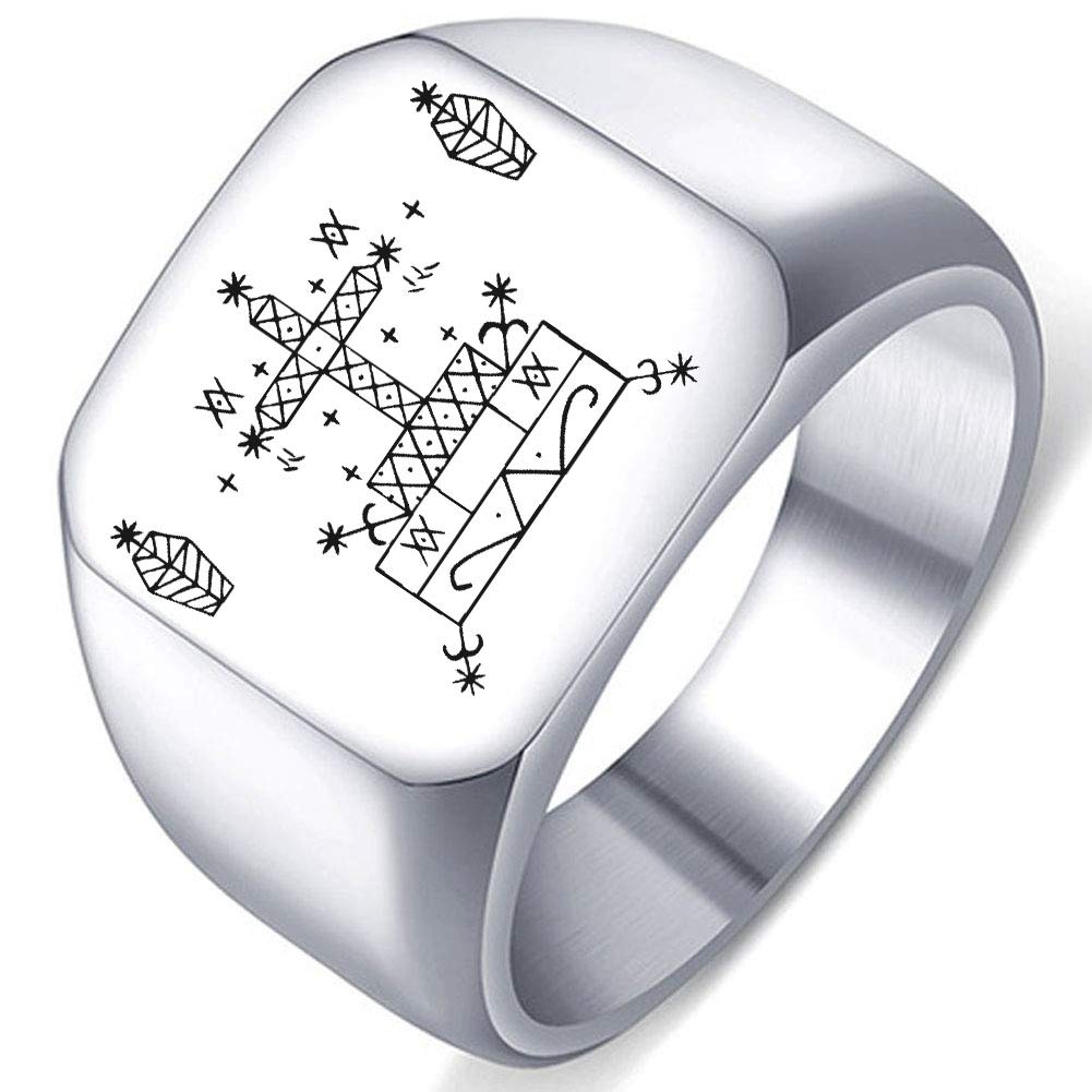 Engraved Silver Loa Veve of Baron Samedi Stainless Steel Men's Womens Black Magic Healing Ring