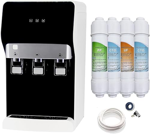 IKT Dispensador de enfriador de agua de encimera sin botella autolimpiante, con filtro de agua de 4 etapas y kit de instalación, dispensador de tres