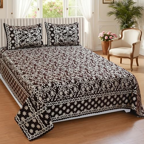 Image of Luxury Velvet Bedsheet - King Size Luxury Bed Sheet - Ultra Soft, Cozy & Warm Bedding for Bedroom - Hypoallergenic & Elegant Velvet Texture (Check Mate Coffee BAZE, Velvet Bedsheet)