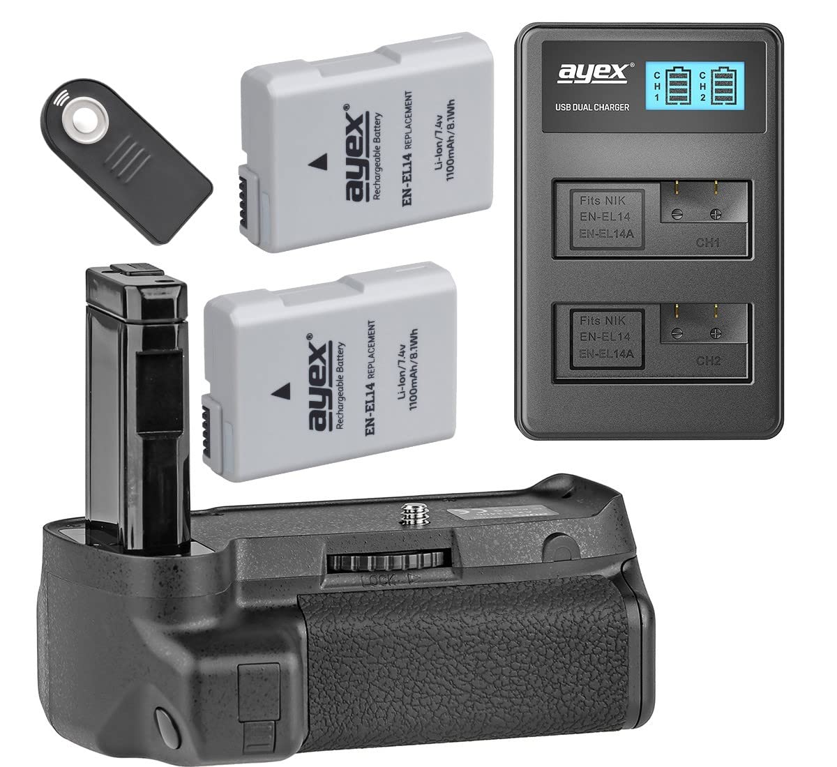 ayex Batteriegriff Kompatibel mit Nikon D3400 mit IR-Fernauslöser + 2 x EN-EL14 Akku + 1 x USB Dual- Ladegerät