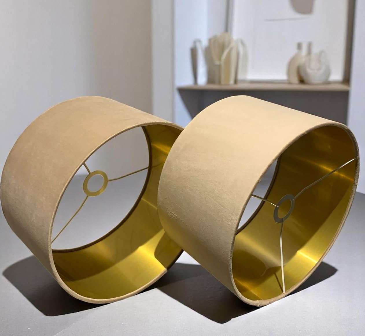 Plush Velvet Lampshade for Ceiling Shade, Table, Floor Lampshade with Brushed Gold Lining Handmade in The UK. (Beige, Diameter 45 x 28cm Height)