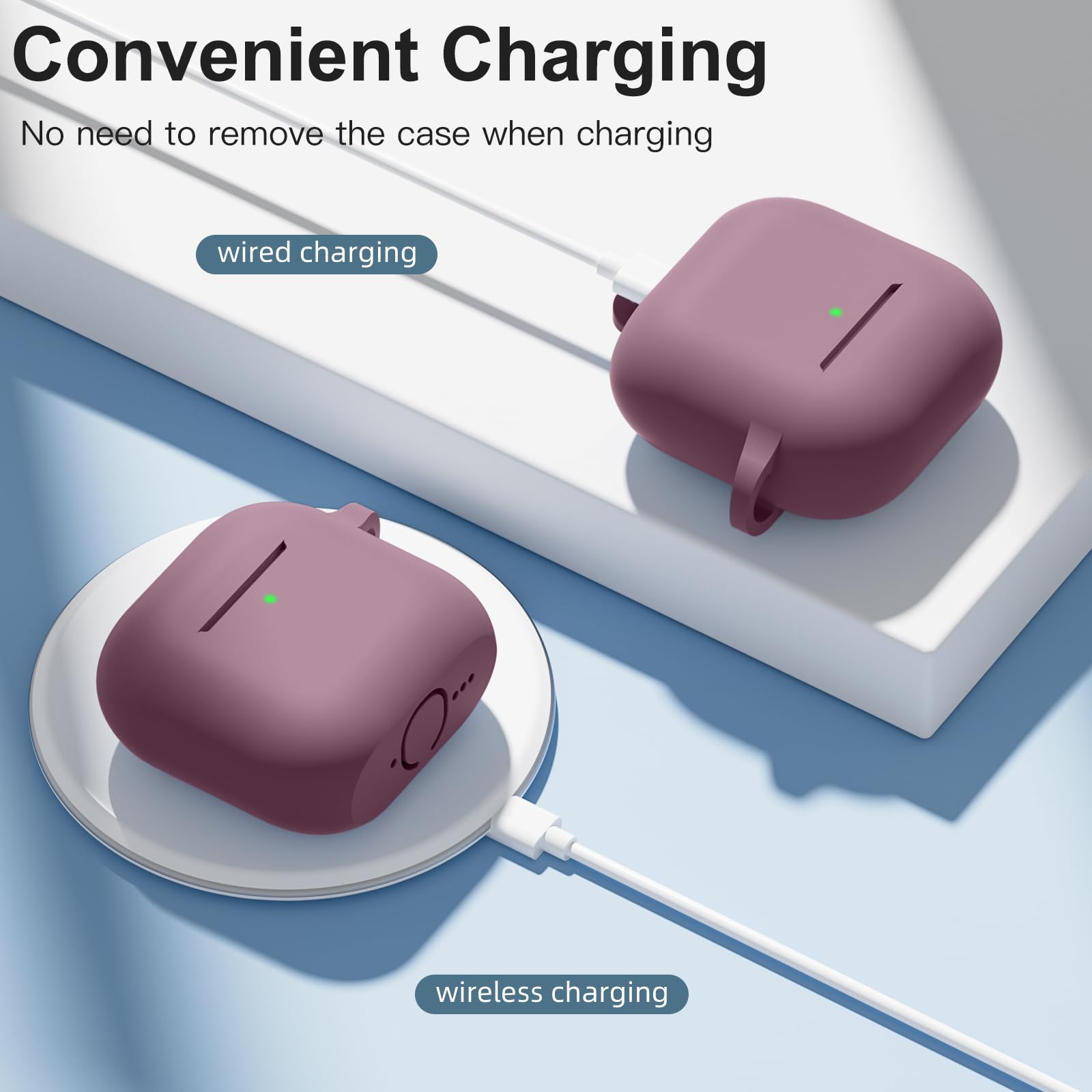 Ouwegaga Cover per Airpods 4 2024, Silicone Custodia per Airpods 4 Generazione, Protezione Completa del Corpo Cover Compatìbile con Apple Airpods 4 Case, con Moschettone, Fumo Viola