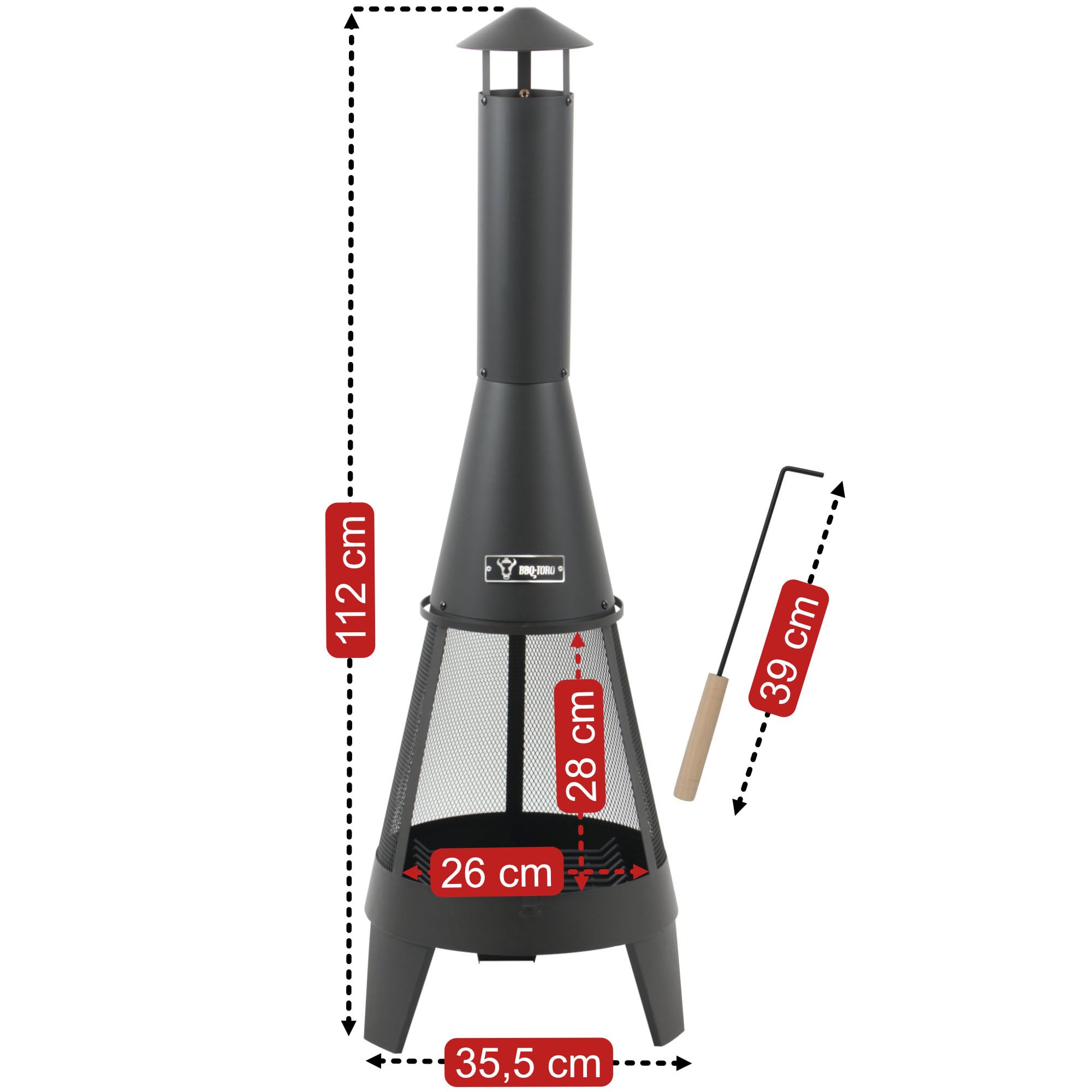 BBQ-Toro Terrassenofen mit Funkenschutz, Feuerrost und Schürhaken | 35,5 x 35 x 112 cm | Stahl Gartenkamin, Outdoor Gartenofen, Feuerkorb | Holzofen Wärmequelle, Feuerstelle mit 3 Standfüßen