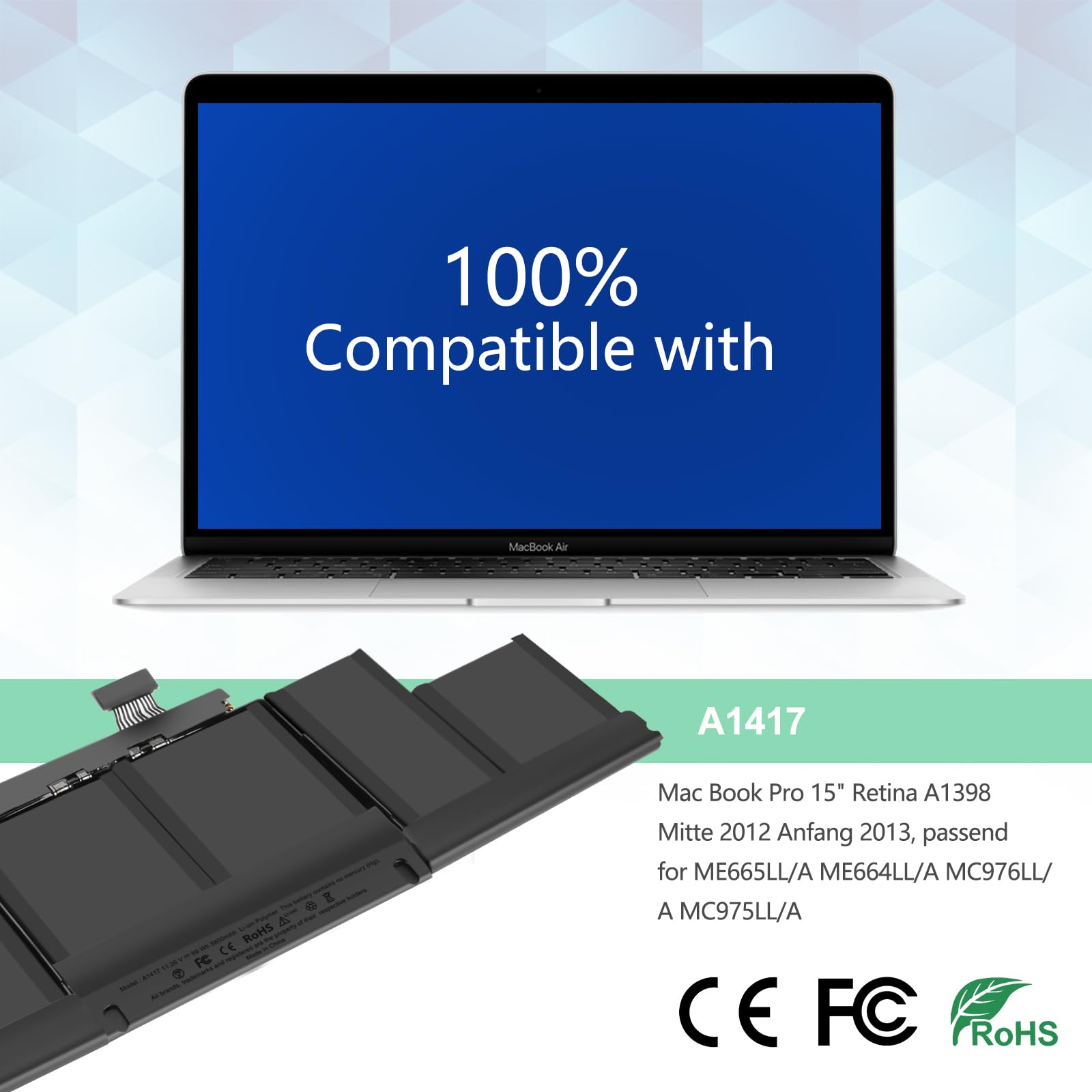Batteria A1417 Per MacBook Pro 15 Retina - Sostitutiva, 11.26V 99Wh, Per Modelli 2012-2013