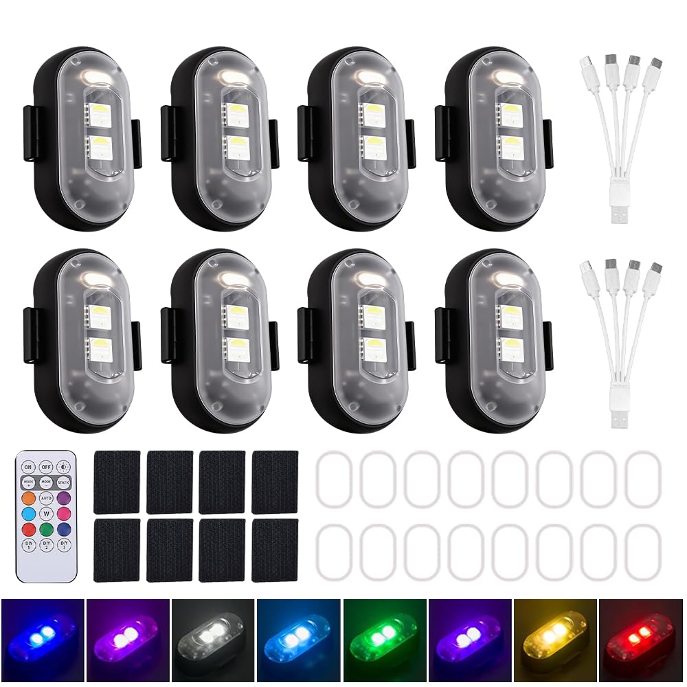 8 Piezas Luz Estroboscopica Drone, 8 Colores LED Estroboscópicas con Control Remoto, USB Estroboscópica de Señal Anticolisión Luz de Advertencia Nocturna para Dron, Camión, Bicicleta