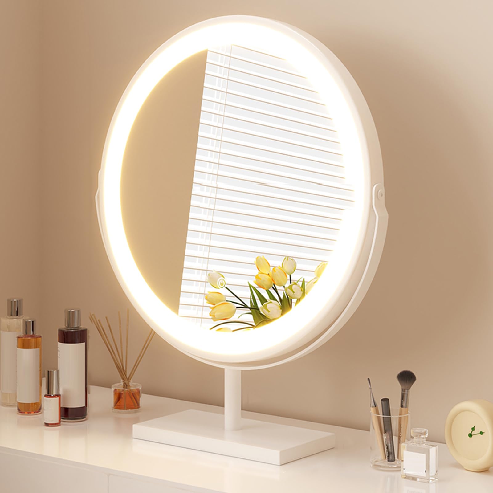 Lusterko kosmetyczne z podświetleniem LED, okrągłe lusterko kosmetyczne z metalową ramą, 50 cm, trójkolorowe ściemnianie, inteligentne sterowanie dotykowe, idealne na biurko i do użytku wolnostojącego