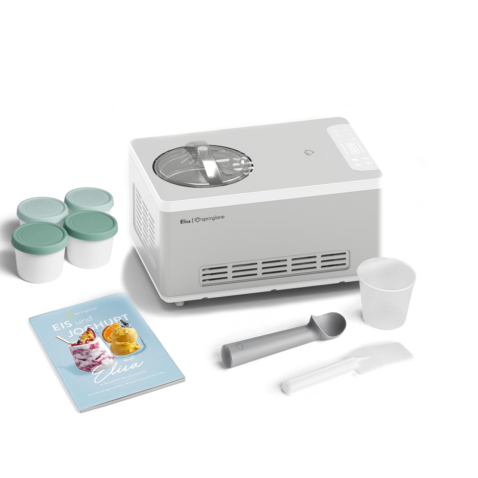 SPRINGLANE Eismaschine & Joghurtbereiter Elisa 2,0 L mit selbstkühlendem Kompressor 220 W, aus Edelstahl mit Kühl- und Heizfunktion (Elisa Silber, Eismaschine + 4 Eisbehälter Mint)