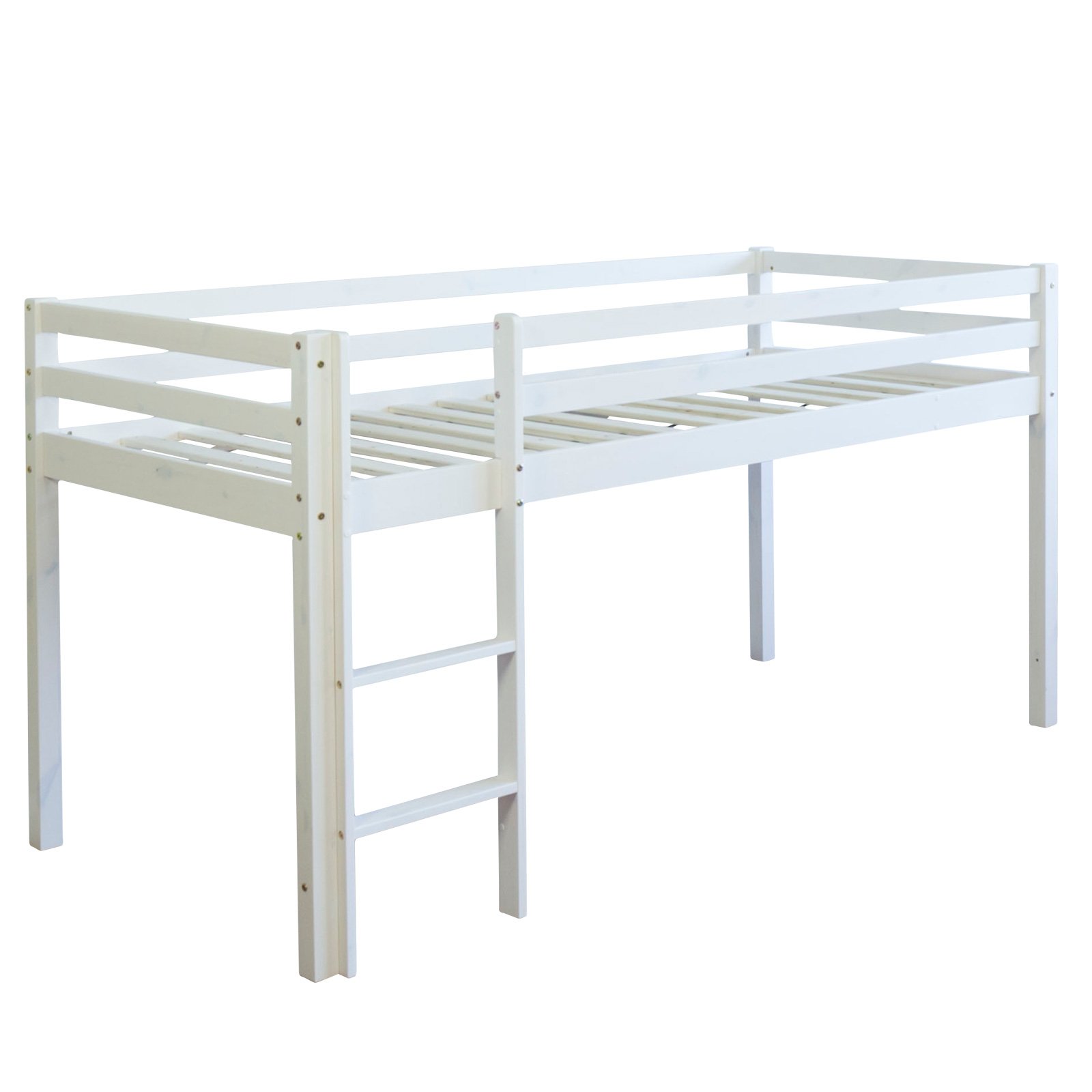 Homestyle4u Kinderbett 90x200 Weiß - Hochbett aus Holz Kiefer mit Leiter | Massives Kinderhochbett inkl. Vorhang Rosa aus Baumwolle - Stabiles Bettgestell mit Absturzsicherung für Kinderzimmer
