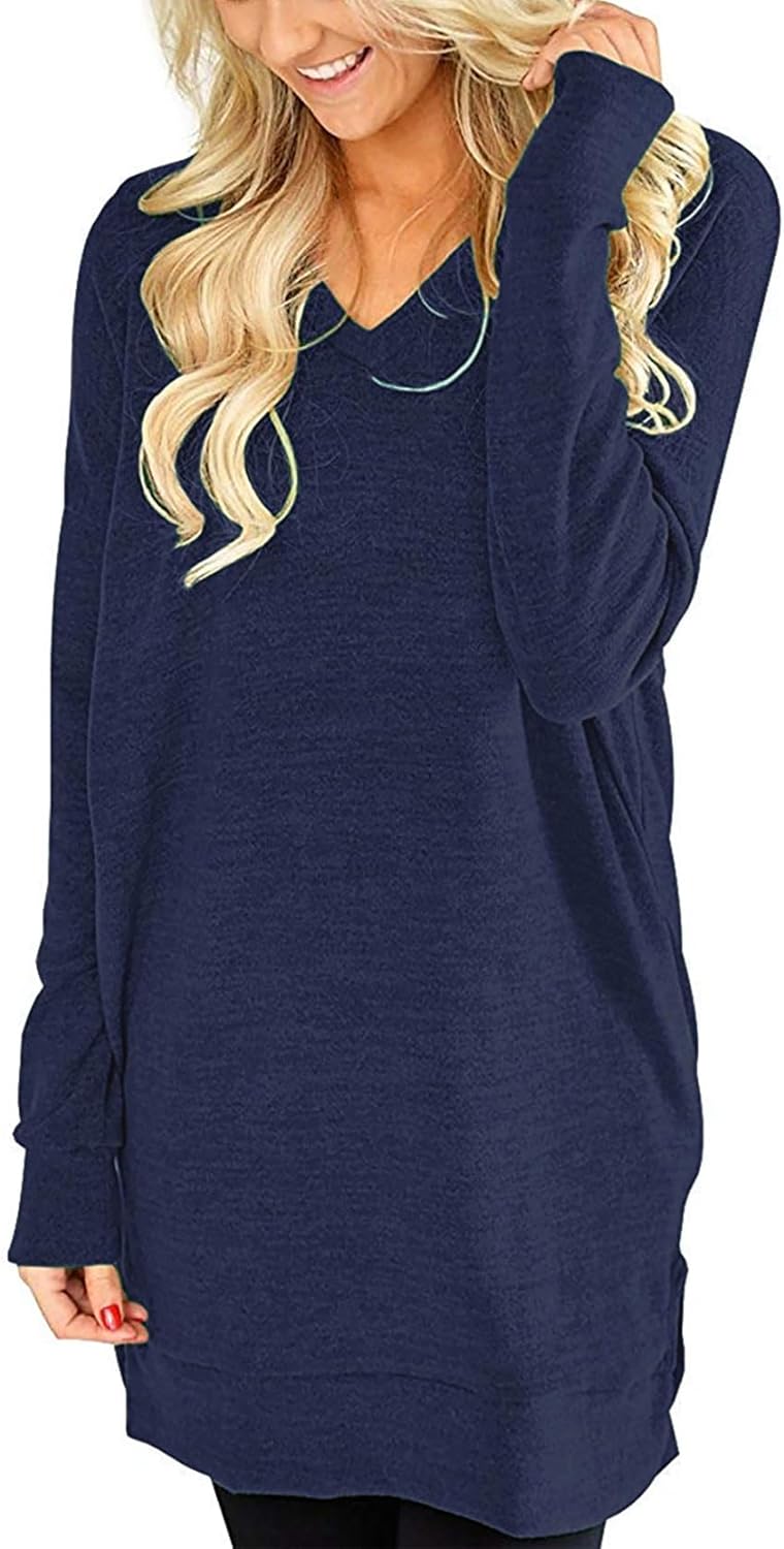 LERUCCI Womens Casual Long Sleeves Sweatshirt Solid V-Neck Tunics with Pockets Navy Blue Small - Image 4