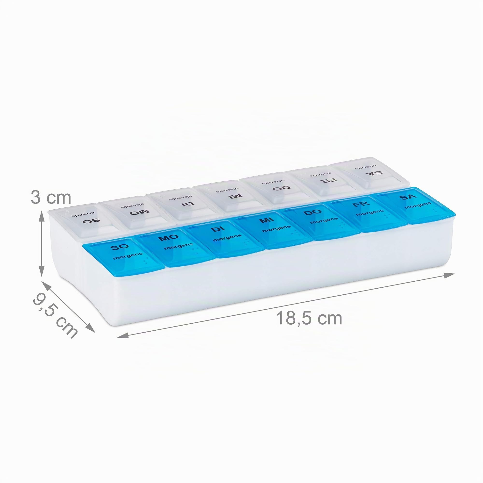 Relaxdays Pilulier 7 Jours, Lot de 10, 2 Compartiments par pilulier, boîte médicaments semainier Matin Soir comprimés, Blanc Bleu | Pilulier hebdomadaire pour la maison et les déplacements