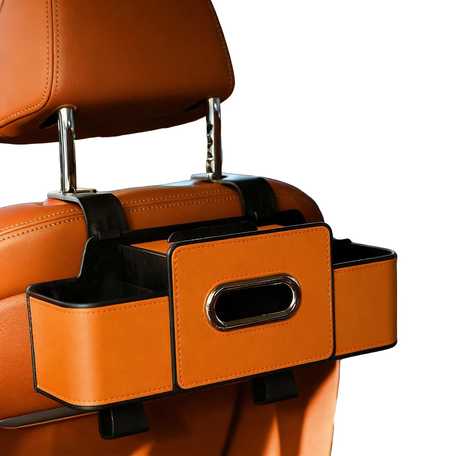 Glifora 3-in-1 Car Backseat Organiser - Multifunctional Back Seat Storage Box with 2 Cup Holders, Tissue Box and Hooks for Holding Phones, Snacks, Drinks and Handbags