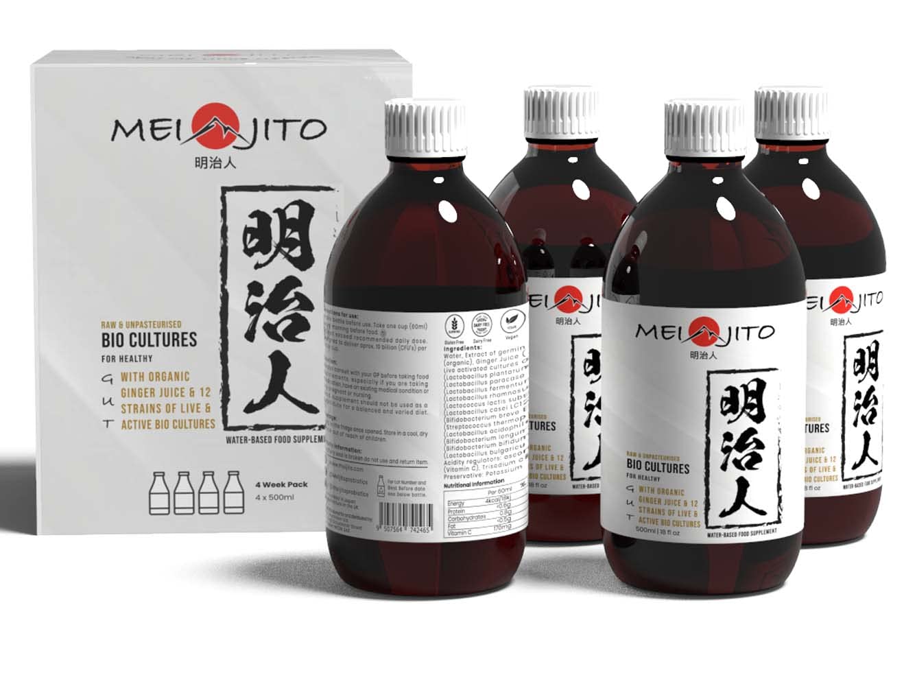 MEIJITO Bio Cultures Complex Probiotics for Gut Health - High Strength Vegan Shots with Live and Active Gut-Friendly Bacterial Cultures Daily Pro Biotics for Men and Women - 4x500ml Made in UK