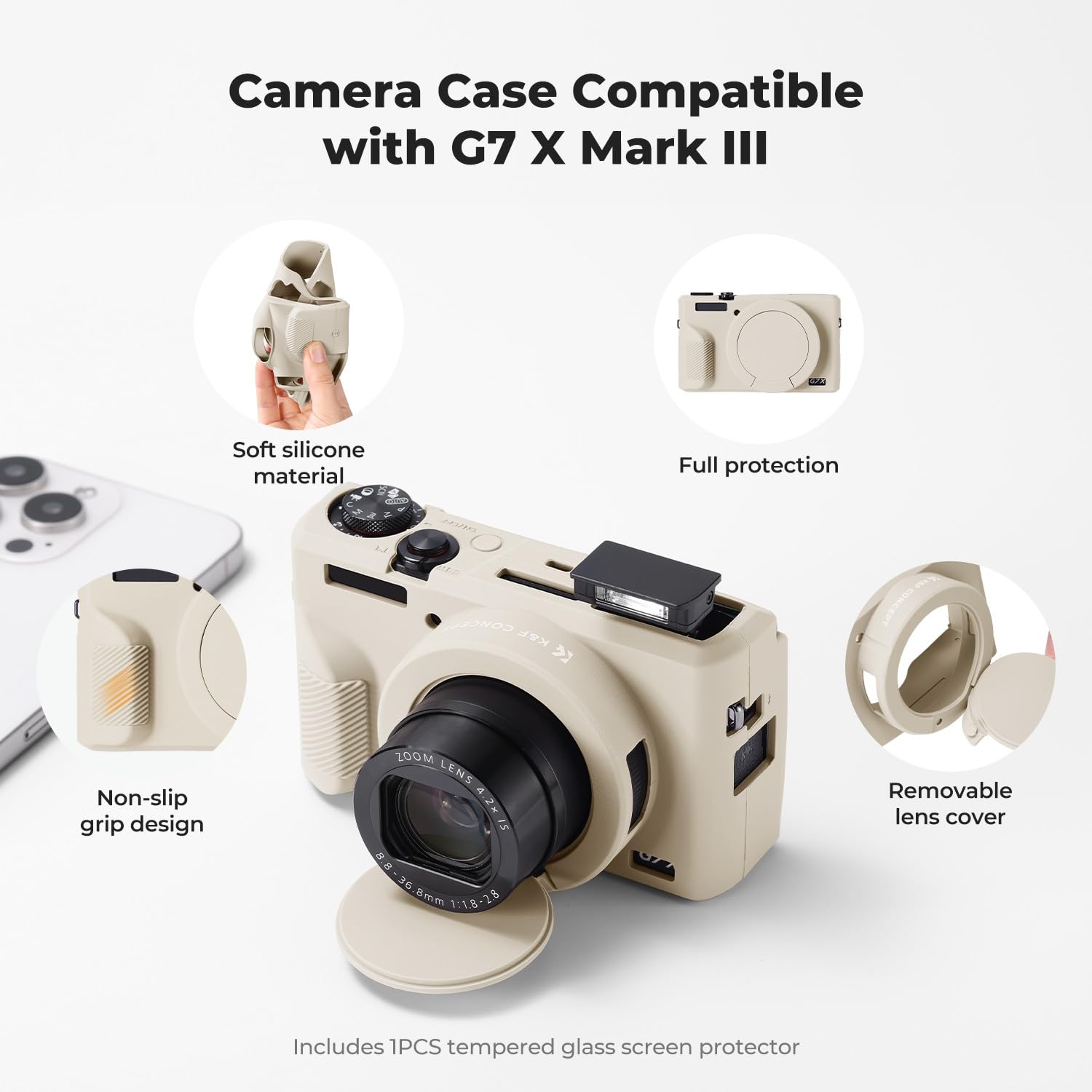 Etui ochronne K&F CONCEPT do aparatu Canon G7X Mark III, kremowe, miękkie silikonowe etui do aparatu cyfrowego G7X Mark III z odłączaną osłoną obiektywu, odporne na zarysowania, dopasowane