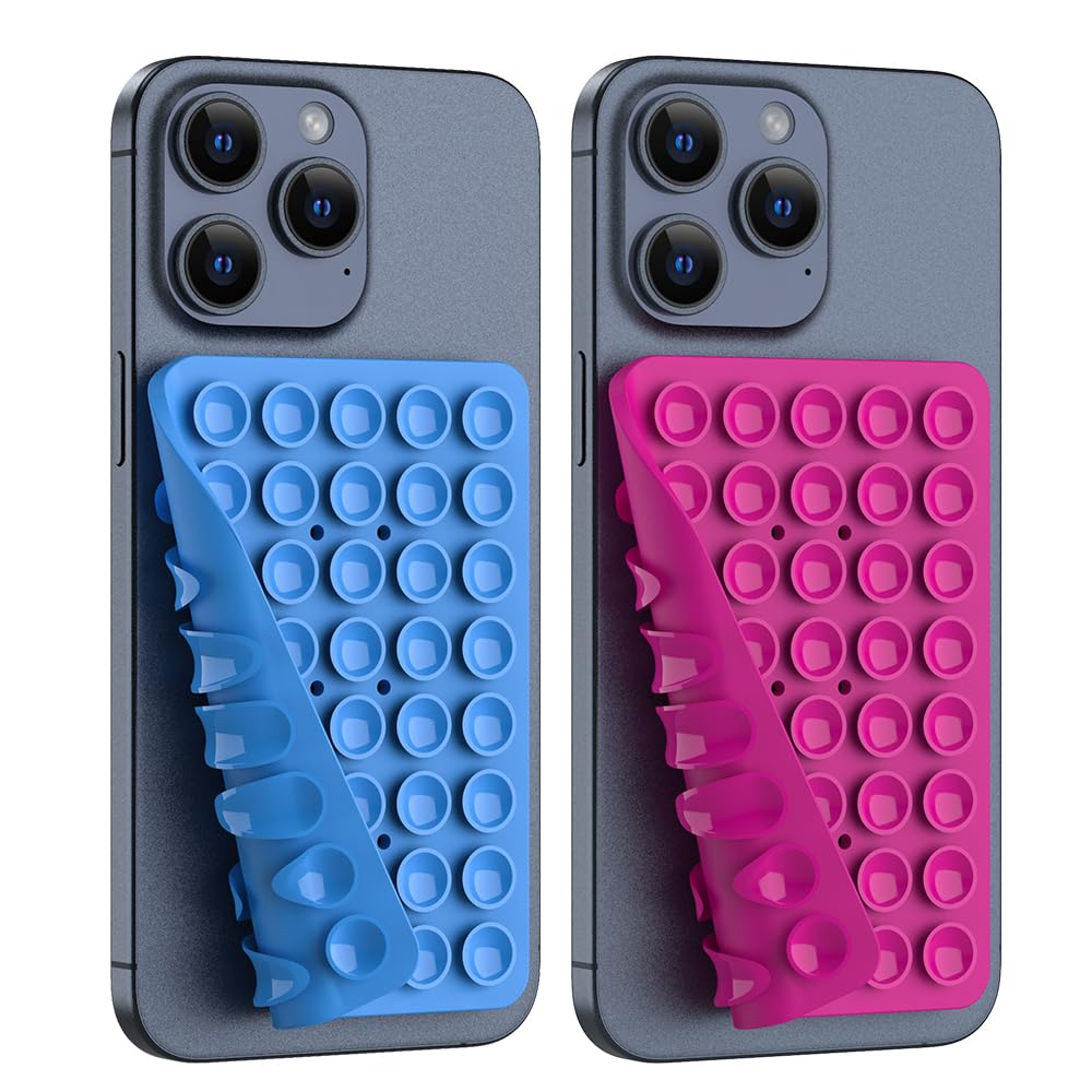 Double Sided Silicone Suction Phone Holder Mount, Silicon Accessory for iPhone and Android, Hands-Free Mirror Shower Phone Holder, TikTok Videos and Selfies (Blue+Rose Red)-image-1