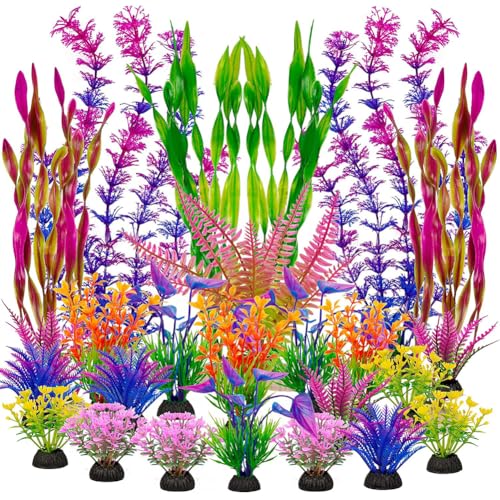 SLOCME Bunte künstliche Aquariumpflanzen – große Kunststoff-Aquarium-Dekorationen für Betta und Goldfische, realistische, weiche Pflanzen mit beschwertem Boden, 25 Stück