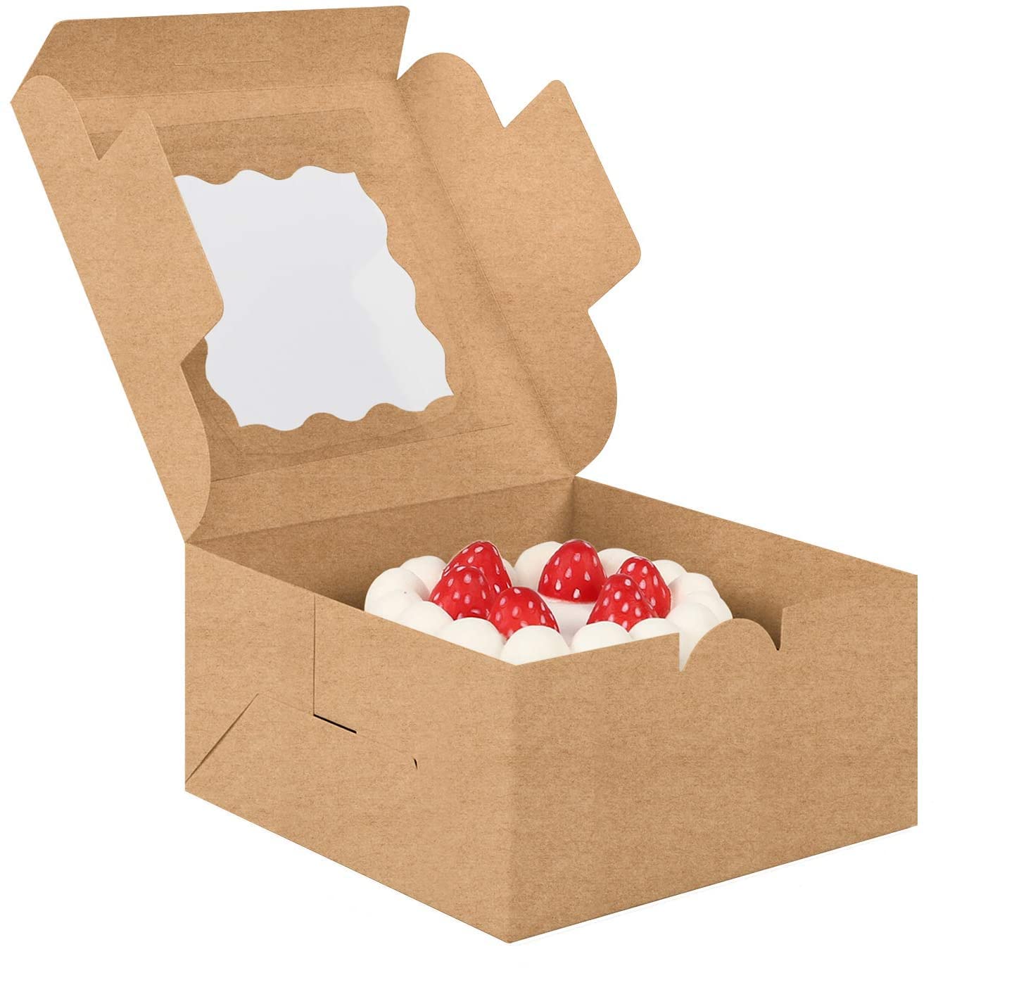 Moretoes 48pcs Bakery Boxes 6x6x3 Inches Small Brown Cake Box with Window Kraft Paper Boxes for Cookie, Pastry, Cupcake, Pie, Donut