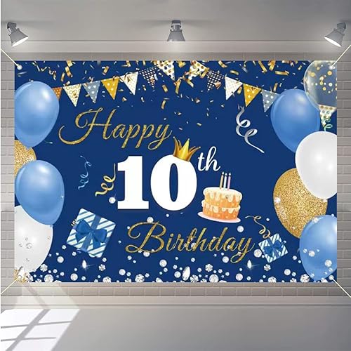 Cartel de tela para decoración de cumpleaños número 10 para niños y niñas, cartel de tela de feliz 10 años, fondo de fotografía azul, suministros de