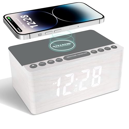 ANJANK Radio-réveil numérique en bois avec chargement sans fil, chargeur