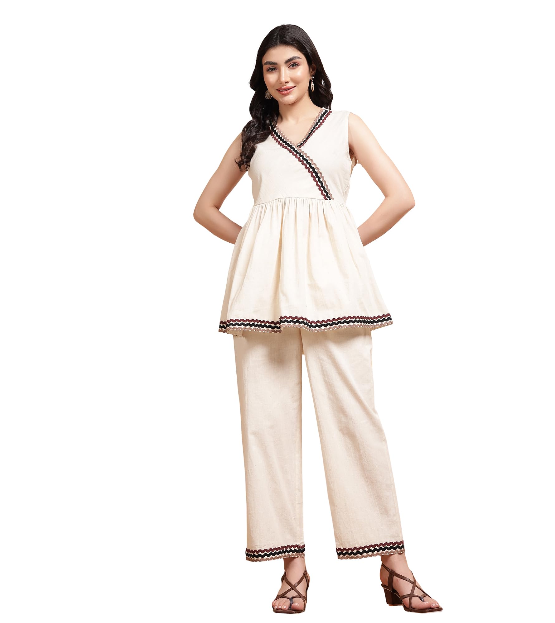 Solid Cotton Peplum Top & Pants Co-ord Set for Women's|Sleeveless V-Neck Regular Fit Stylish Summer Western Casual Wear Ladies Trendy Cord Set