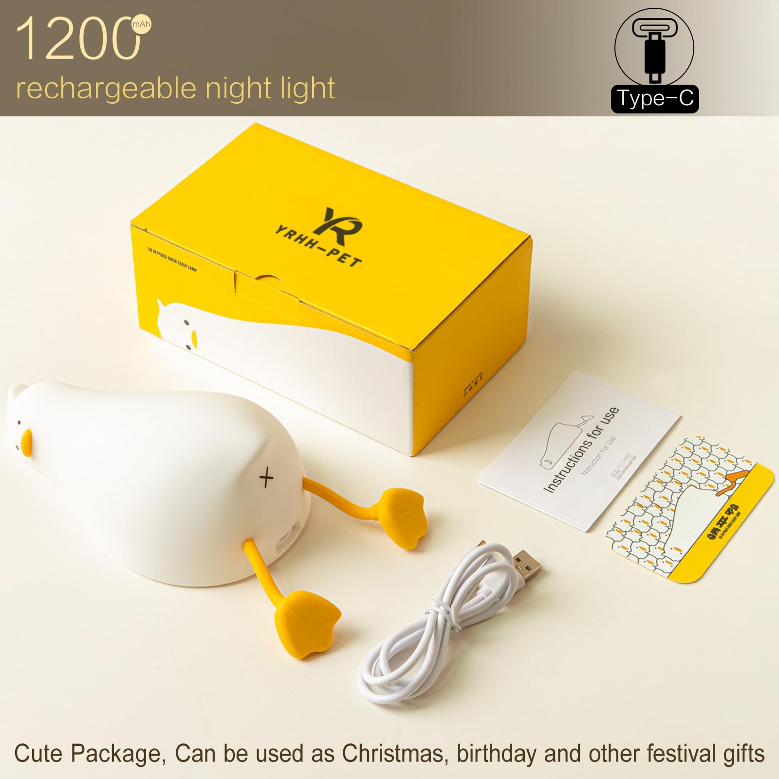 YR YRHH-PET Existential Crisis Duck Lamp, Squishy Kid Cute Lying Flat Duck Night Light, Rechargeable Ducky Lay Touch Lamp, College White Elephant Gifts, Boy Girl Fun Birthday Gift, Safe Silicone Decor