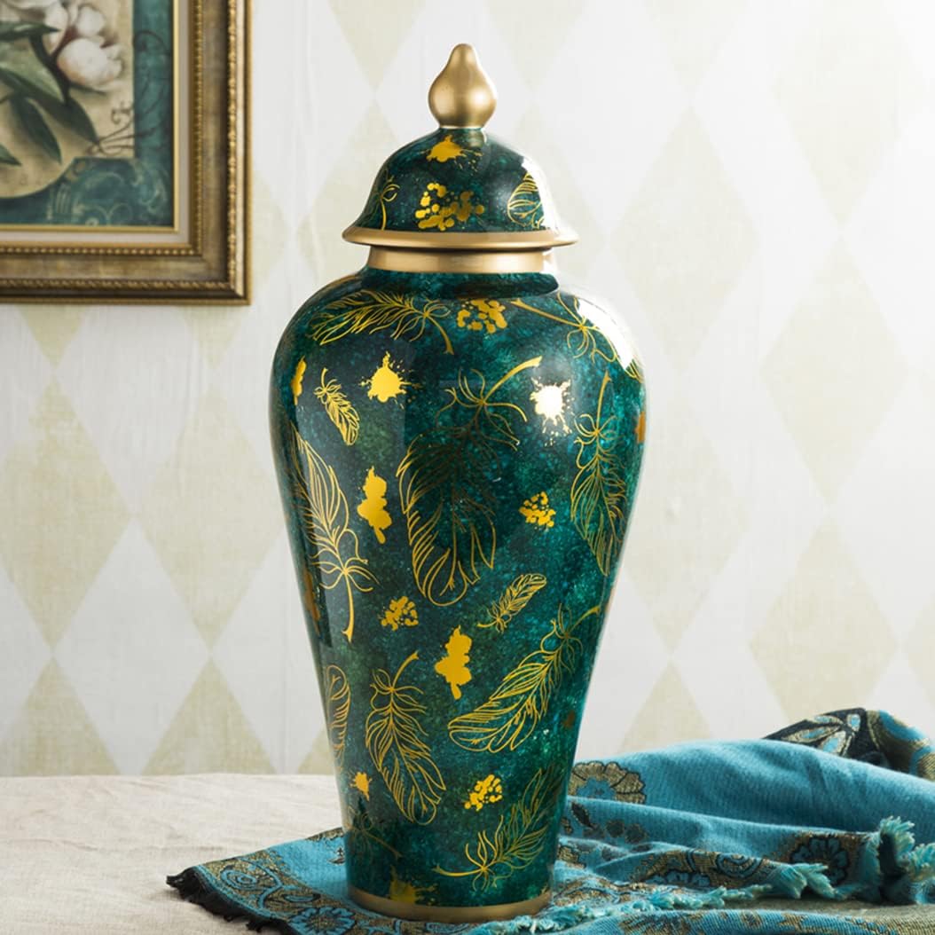 Green Ginger Jar With Gold Trim,Gold Feather Porcelain Ginger Jar Vase Temple Jar With Lid Decor, Ceramic Decorative Jars for Office, Table, Living Room, Bookshelf A (B) (A)