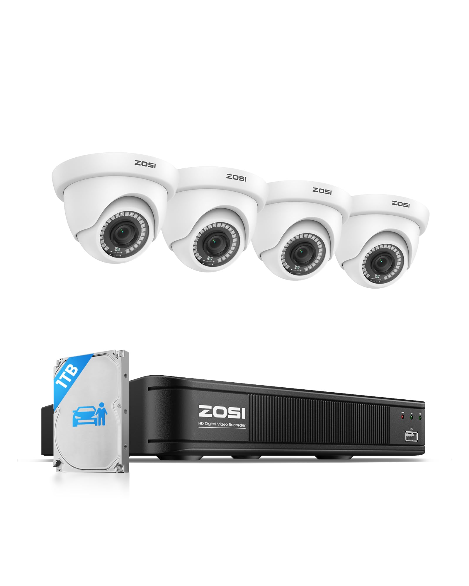 ZOSI 3K 5MP Lite H.265+ Home Security Camera System, 8 Channel Surveillance DVR with AI Human Vehicle Detection and 4 x 1080p Weatherproof CCTV Dome Camera Outdoor Indoor, 80ft Night Vision, 1TB HDD