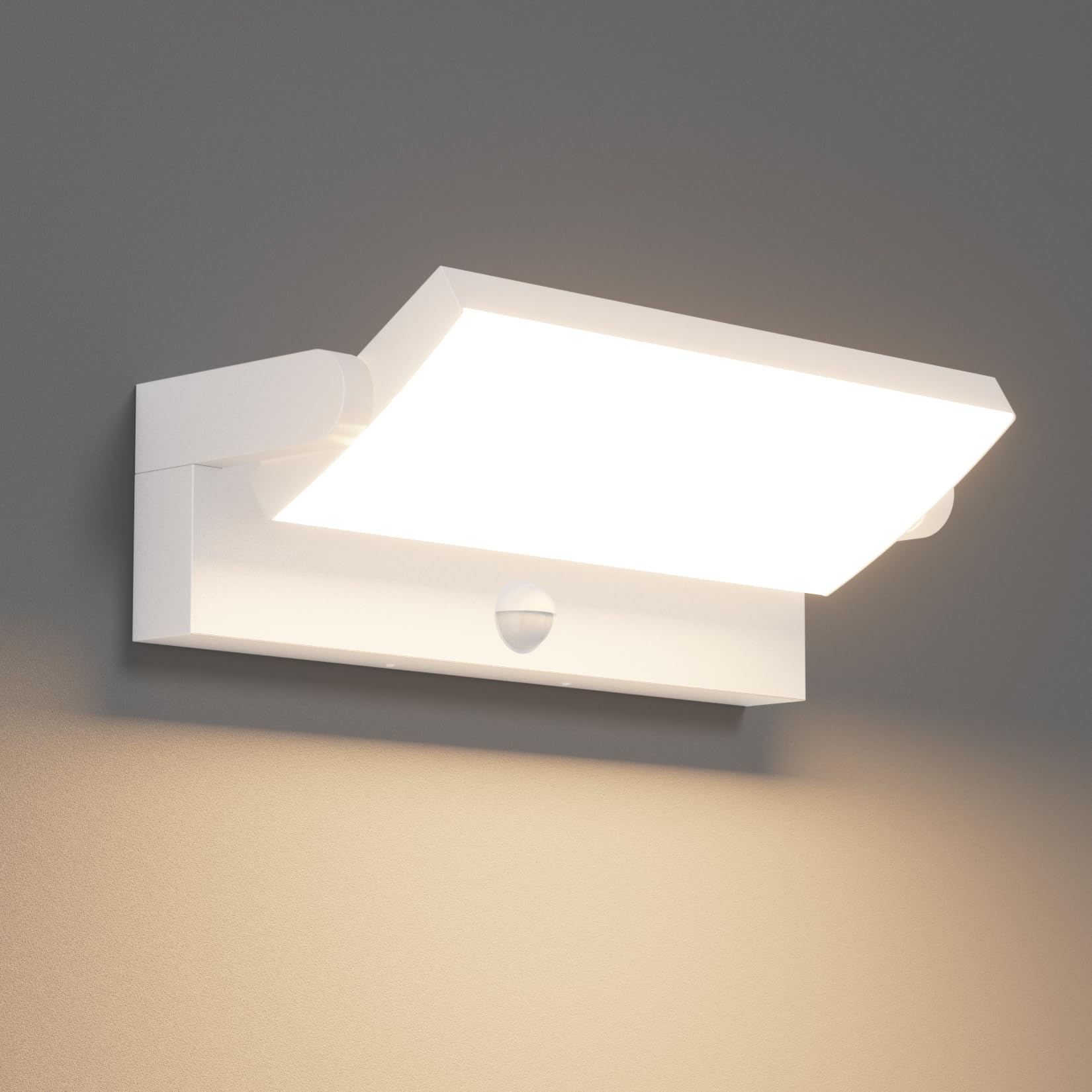 Klighten 45W Außenwandleuchte Außenlampe mit Bewegungsmelder IP65 Wandleuchte Aussen Wandlampe mit Schwenkbar LED Panel, Aussenleuchte für Garten Terrasse Eingang, 3480LM, Warmweiß 3000K, Weiß