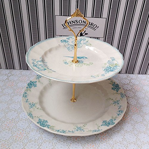 Double Glazed Tableware Three Layer Cake pan Water Bowl,Blue Bird Double Deck Cake Plate