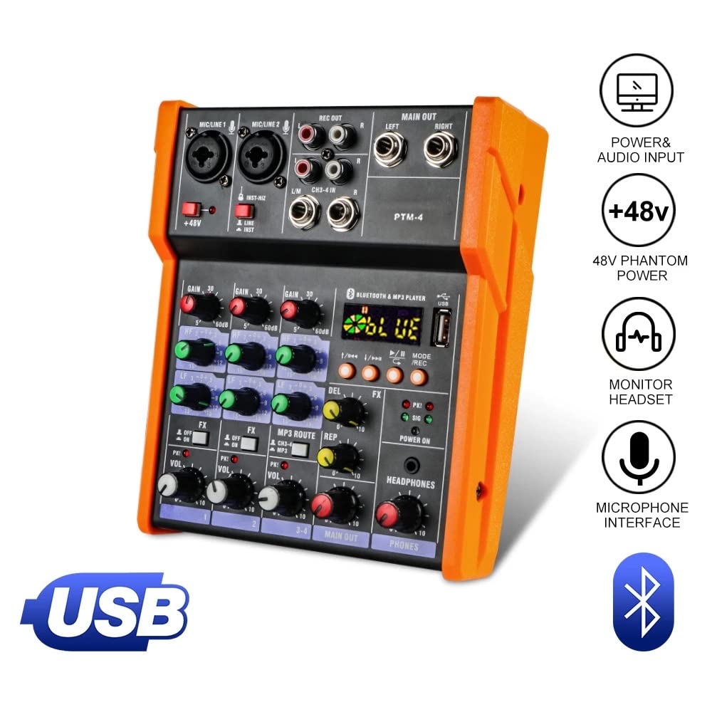 PTM-4 Mixer Audio Mixer Console DJ con scheda audio USB 48V Phantom Power per PC Registrazione Canto Webcast Party