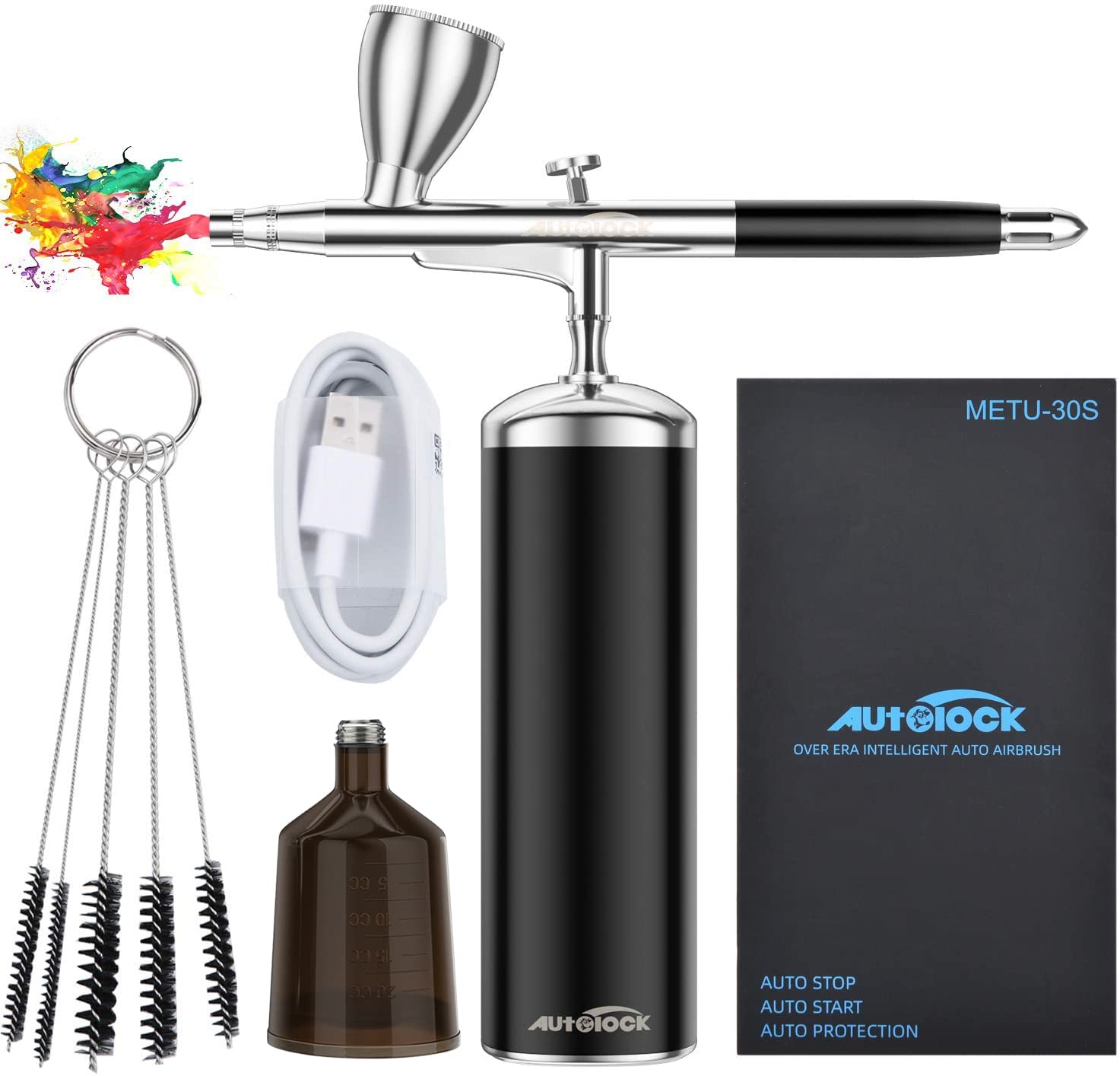 AutolockAirbrush, Spray Gun Set 30 PSI with Compressor, Portable Wireless Airbrush Kit and Rechargeable Hand Airbrush Set, for Makeup, Cake Decoration, Model Colouring, Nail Art, Tattoo