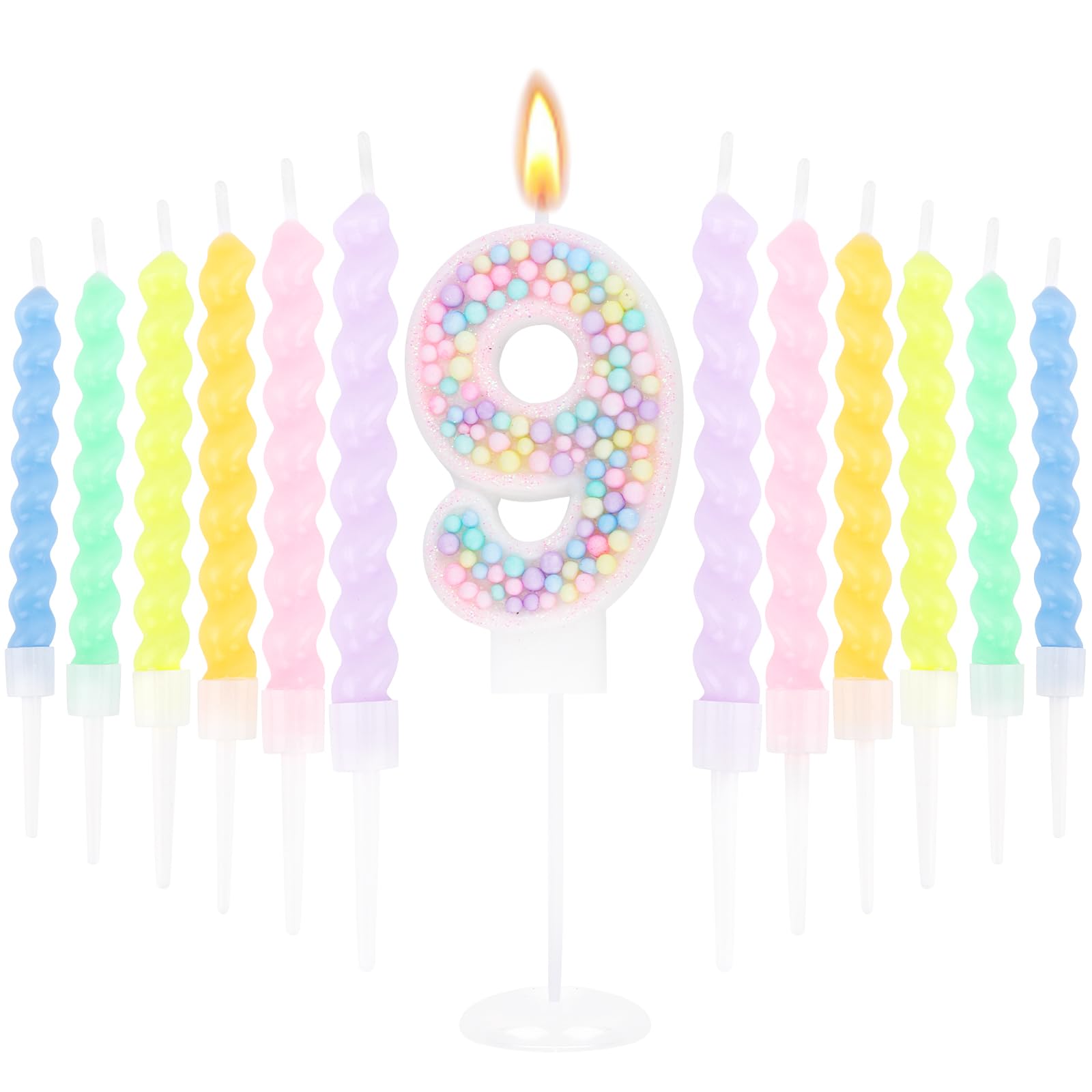 LunarCharm Candle with the Number 9 and 12 Spiral Candles for Decoration for a Girl's 9th Birthday, Sparkling Macaron Cake Toppers, Party Accessories
