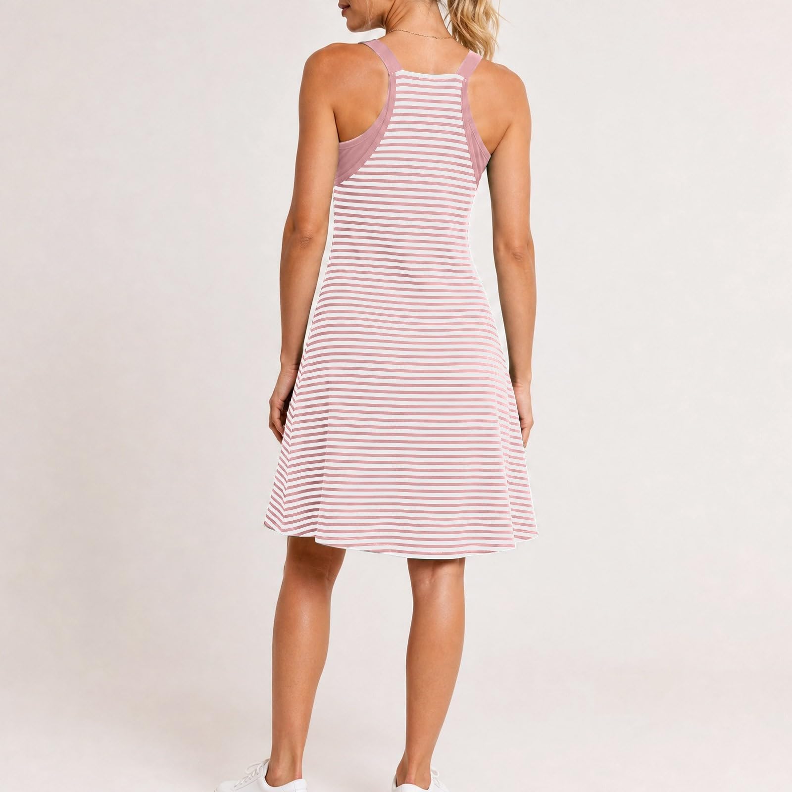 Vestido De Verano A Rayas con En para Mujer Sin Mangas De Imitación Dos Piezas Aspecto Acampanado con Bolsillos Laterales Vestido Trabajo Oficina Cuello La Rodilla Bolsillos Playeros Casual Elegante