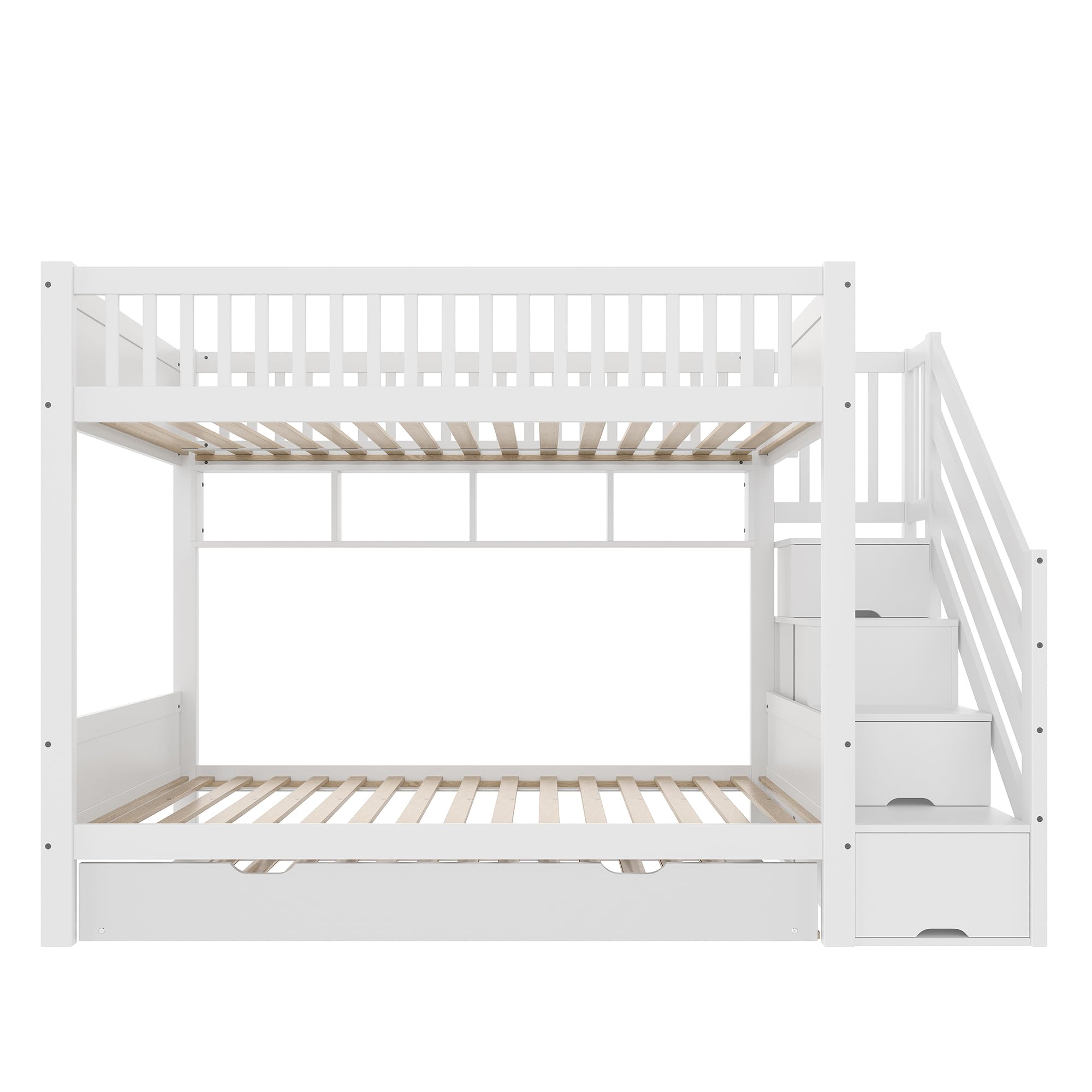 Merax Etagenbett Kinderbett 90x200 cm, Hochbett mit Ausziehbett, Kleiderschrank, Ablageleiter und Regal - Bettgestell mit Lattenrost (ohne Matratze), aus Kiefernholz, Weiß