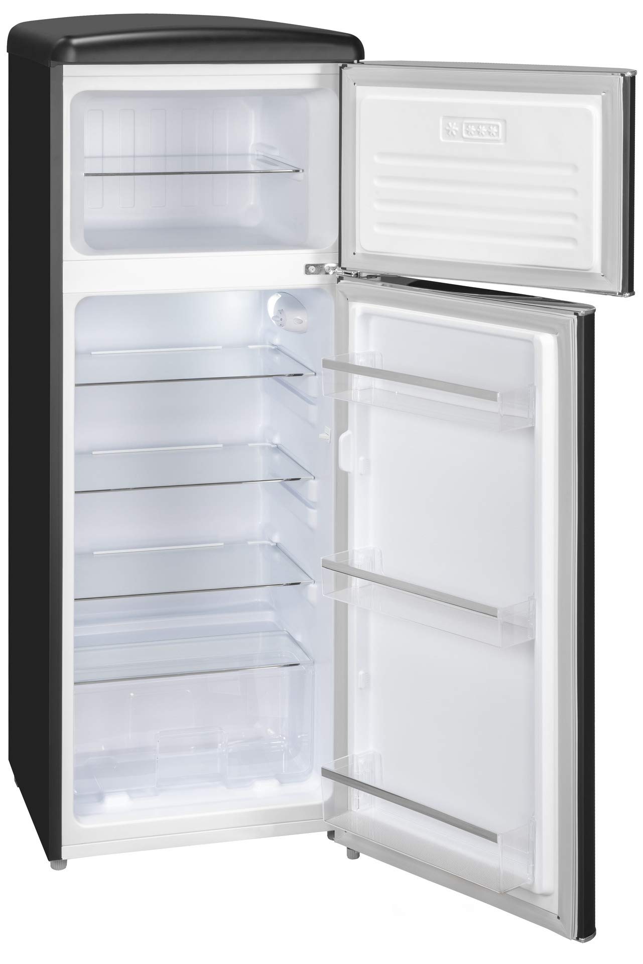 Exquisit® Lodówka dwudrzwiowa, Pojemność 206L, Zasięg Energetyczny E, Szklane Półki, Szuflada Verduler, Regulacja wysokości, Oświetlenie LED Matowy Czarny, Wymiary 146,5x54,5x57,5 cm.