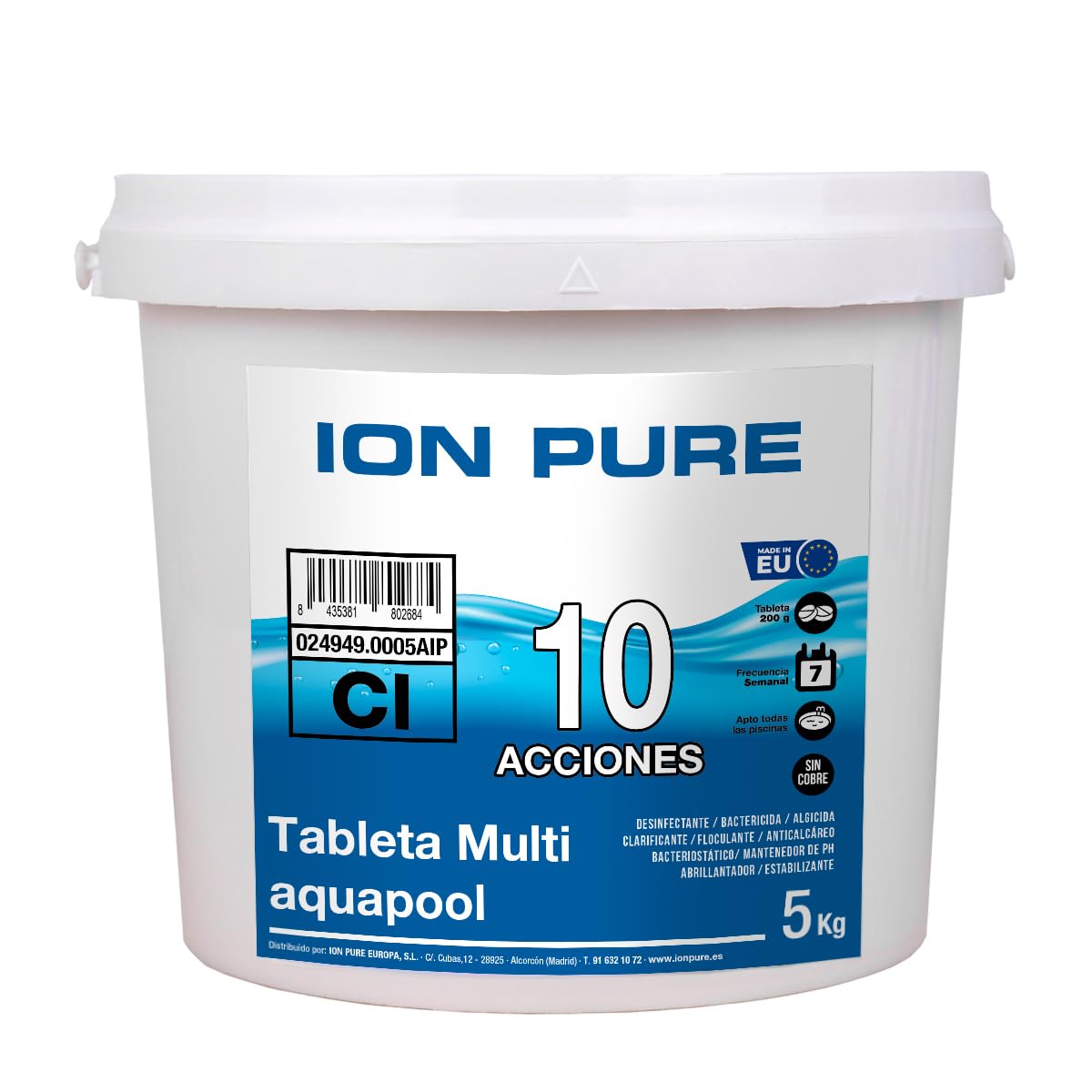 Compacto 10 ACCIONES ION PURE (200 GR) - Pastillas de Cloro multifunción - Disolución Lenta - Apto Piscinas Liner (5 KG)