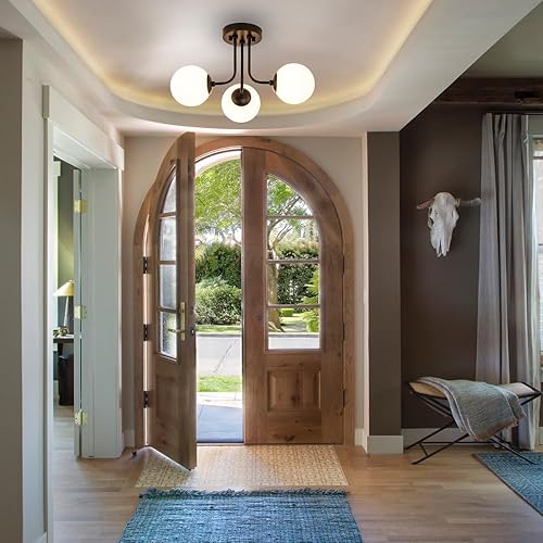 Miniatura 3 de Lámpara de techo moderna semiempotrada de 3 luces, pantalla de vidrio blanco y negro, lámpara de techo semiempotrada, candelabros Sputnik para