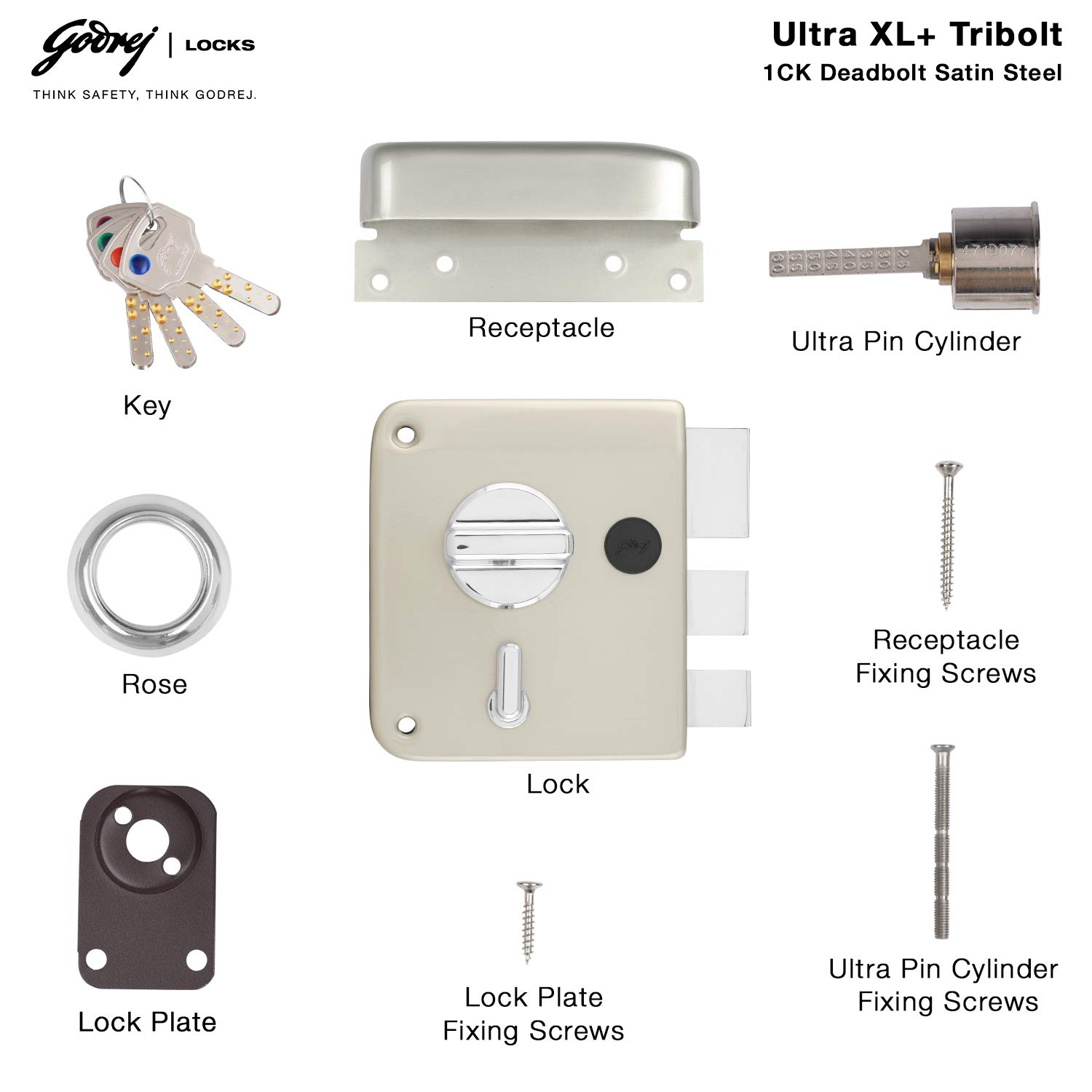 Godrej Rim Lock l Tribolt Ultra XL+ I 1CK Deadbolt l for Inside Opening, Double and Sliding Wooden Doors l Left/Right-Handed Doors l 4 Keys l 5 Year Warranty l Manual Locking I Satin Nikel Finish — Amazon image 7