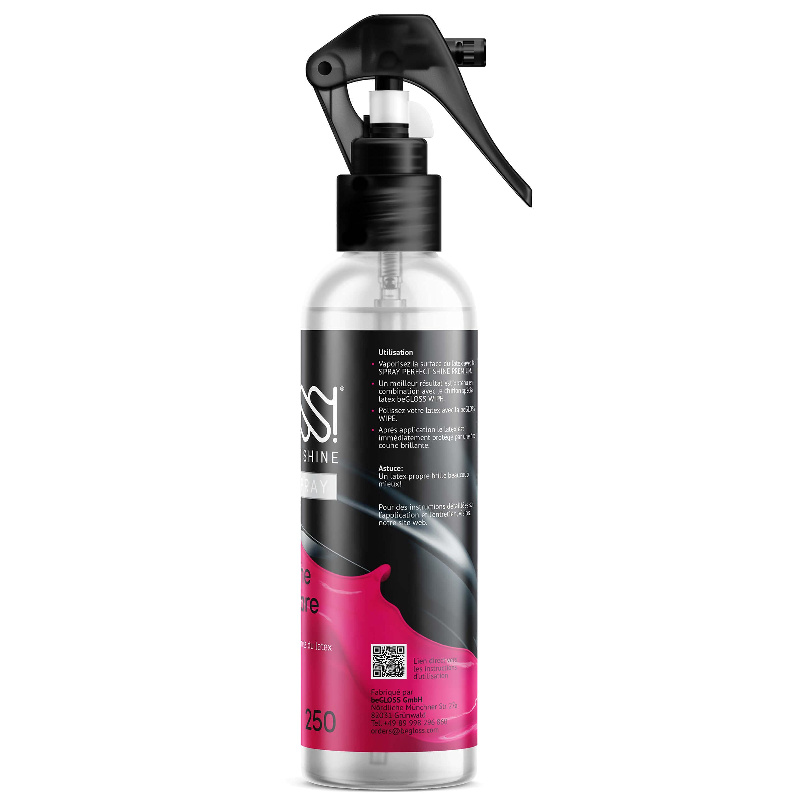 beGLOSS PERFECT SHINE PREMIUM SPRAY 250 ML - Le lubrifiant pour polir vos vêtement en caoutchouc & latex