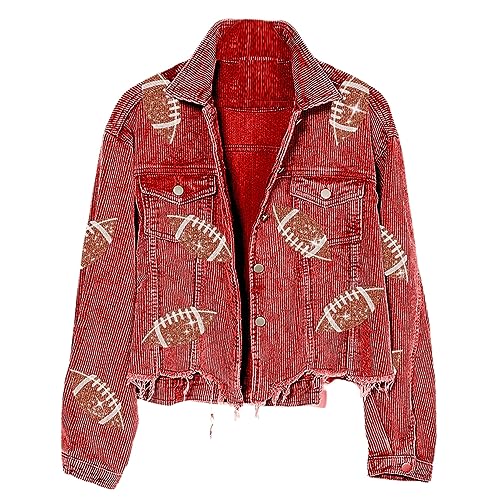 Xunger Women’s Football Corduroy Sequin Jacket Cropped Distresses Rugby Patched Shacket Coat(0885-Red-M-RD)