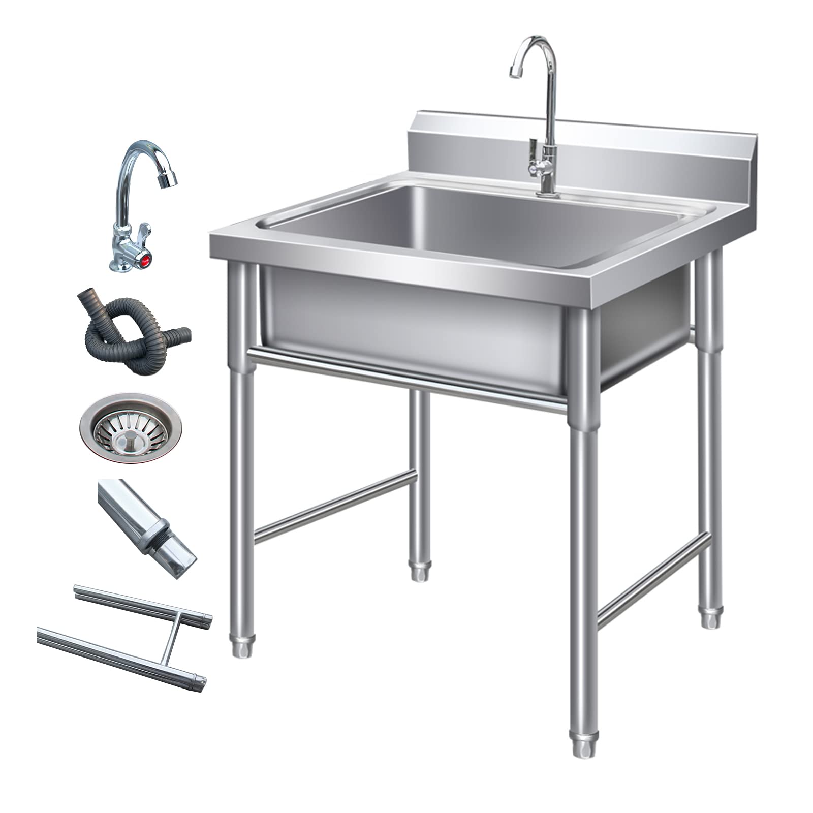 ZQFHSX 304 Stainless Steel Free Standing Sink - Utility Basin for Laundry, Garage & Restaurant, 60x60x80cm with Drainage Drain