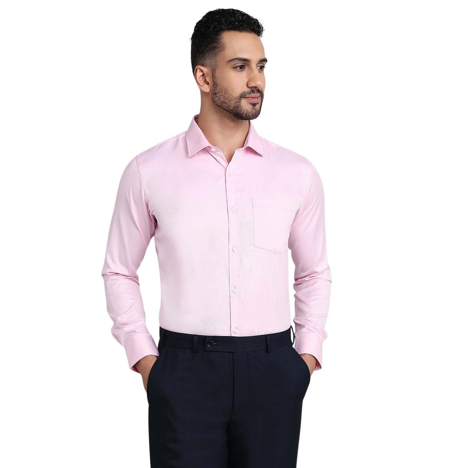 Men Slim Fit Herringbone Pattern Cotton Polyester Blend Semi Cut Away Collar Full Sleeve Formal Shirt-image-39