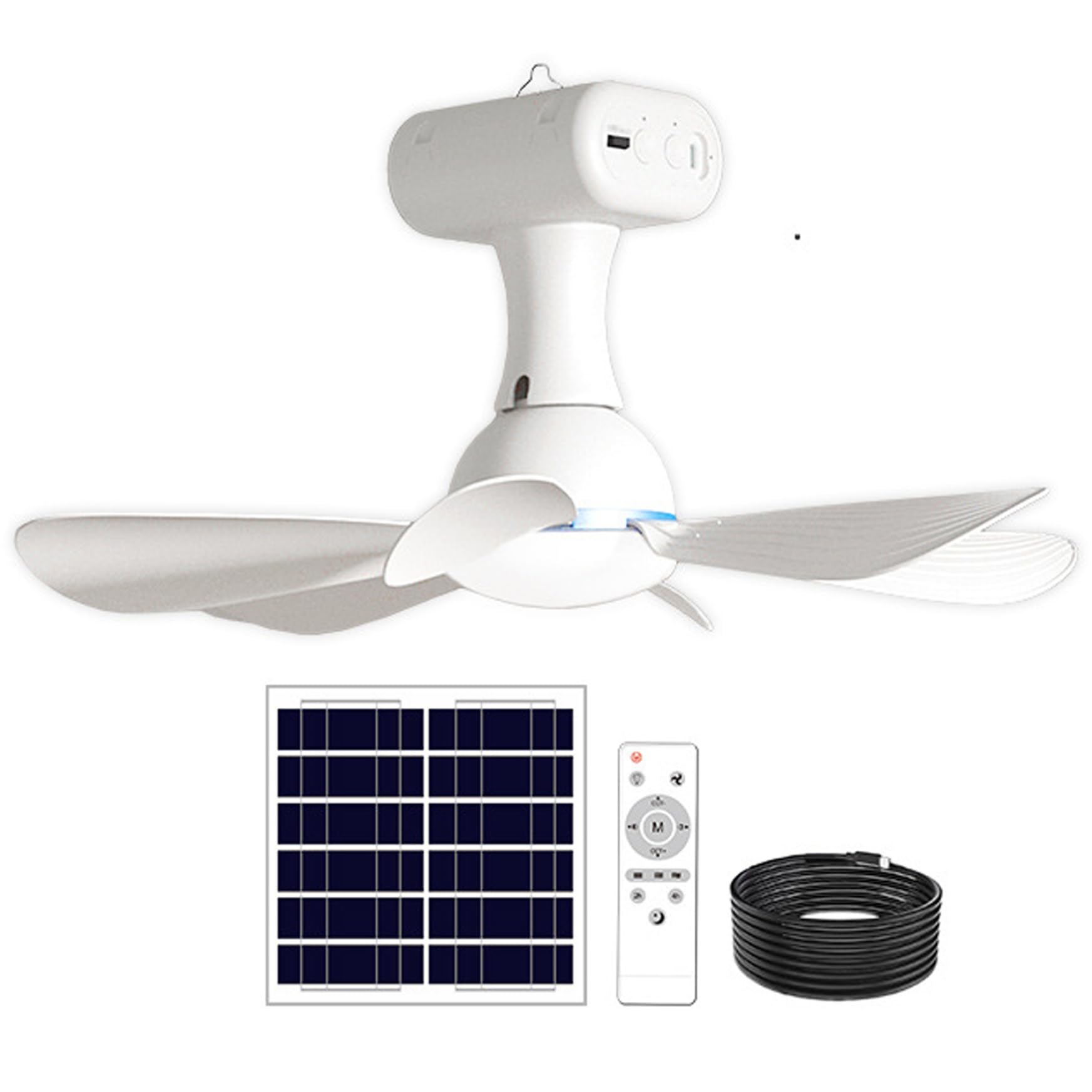Ventilatore da soffitto solare con telecomando, ventilatore da soffitto portatile con batteria da 6000 mAh, pannello da 6 W per uso interno ed esterno in dormitorio, patio, campeggio, bianco