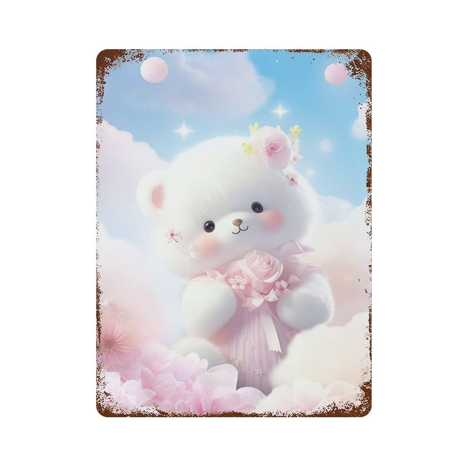 Rust Effect White Teddy Bear Weathered Tin Sign 15.7"x11.8", Retro Wall Decor for Garage, Bar And Workshop Decor