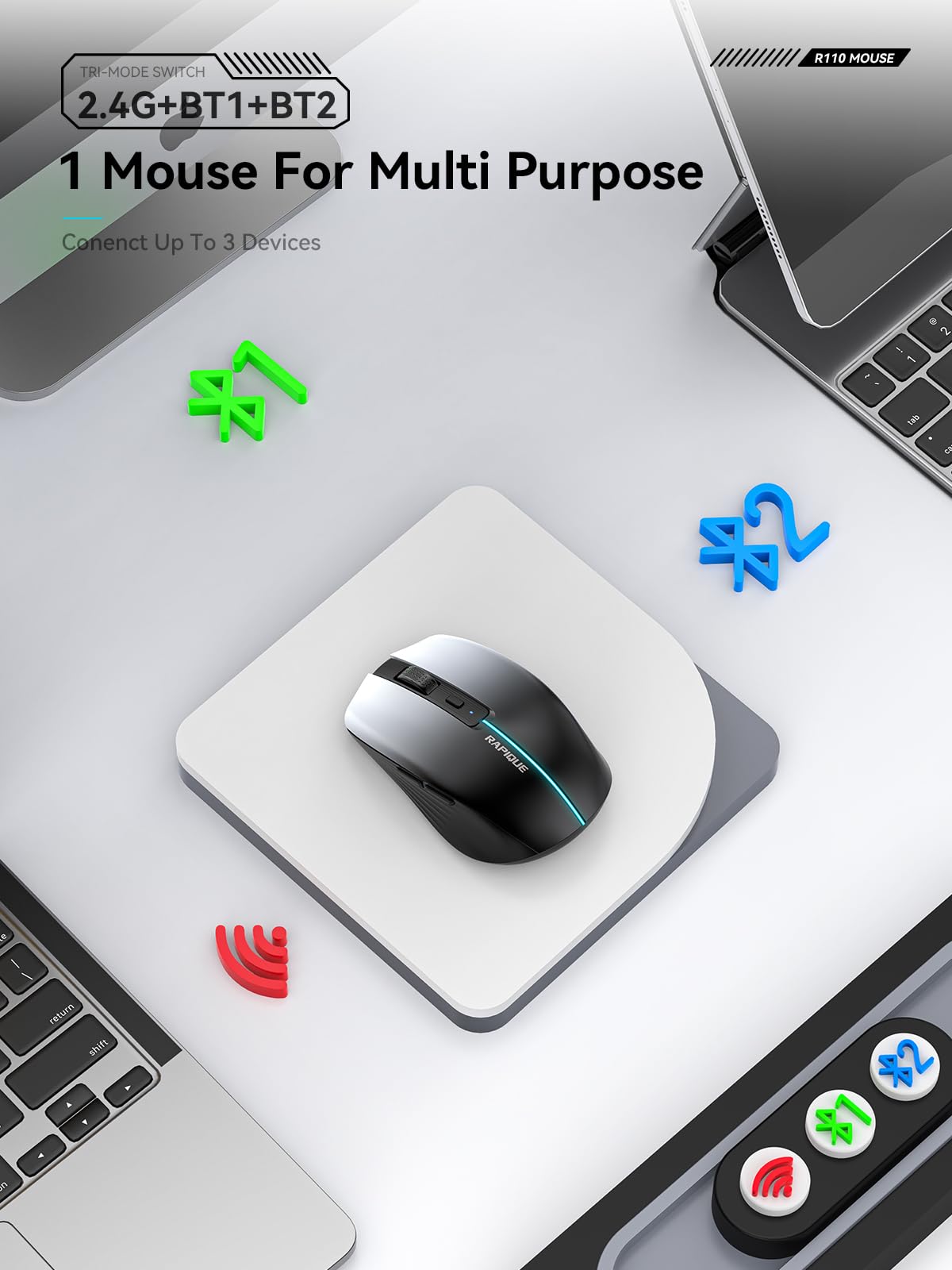RAPIQUE Mouse senza fili Bluetooth – Bianco a Nero Gradiente, Doppia connettività Bluetooth 5.1 e 2.4G, Silent Click, Ricaricabile, Ergonomico 6 Tasti per Windows/MacOS/Android/Laptop/MacBook/iPad