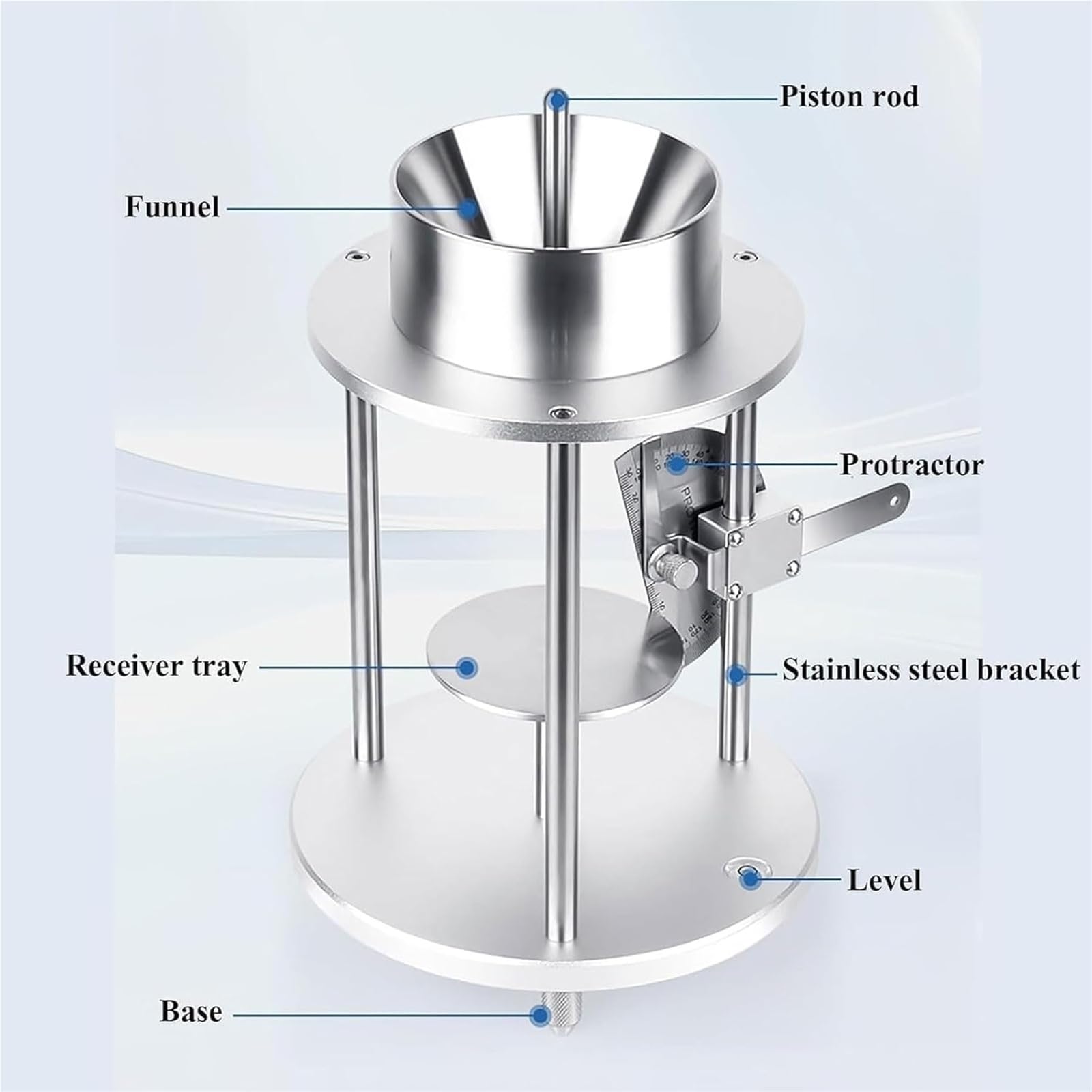 Tester powierzchni cząstek stałych, regulowany tester kąta spoczynku kątomierza z lejkiem, okrągły dysk o średnicy 80 mm, stożek 60° ± 0,5°, stal nierdzewna
