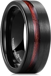8mm Tungsten Rings for Men Black Wedding Band Gentleman with Galaxy Shell Sand Meteorite Inlay Pipe Cut Brushed