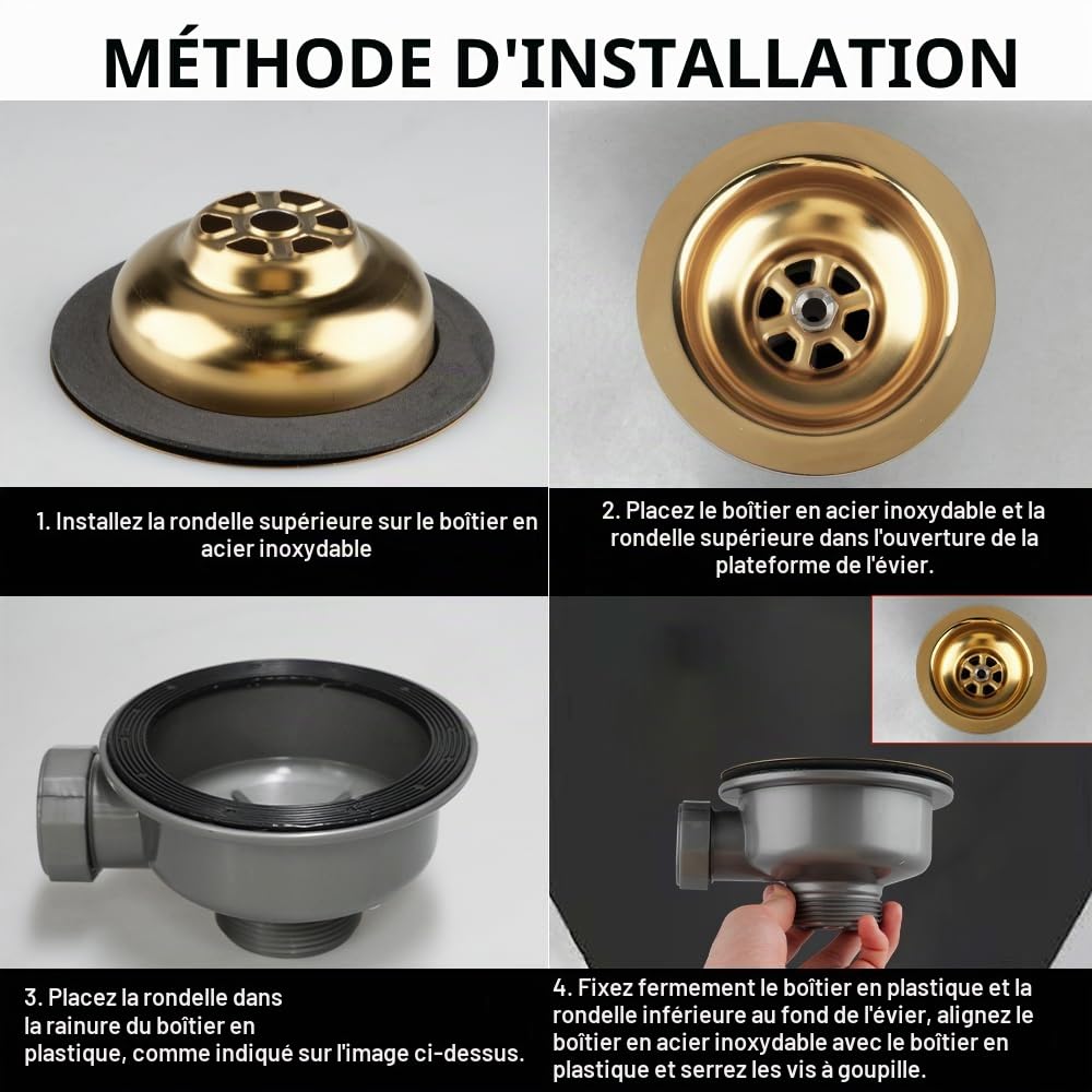 Kit de vidange d'évier de cuisine Inodiref avec tuyaux de trop-plein, kit de trop-plein d'évier de cuisine en acier inoxydable doré, filtre d'évier de cuisine de 114 mm de conception épaissie pour