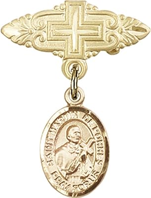 14kt Yellow Gold Baby Badge with St. Martin de Porres Charm and Badge Pin with Cross 1 X 3/4 inches