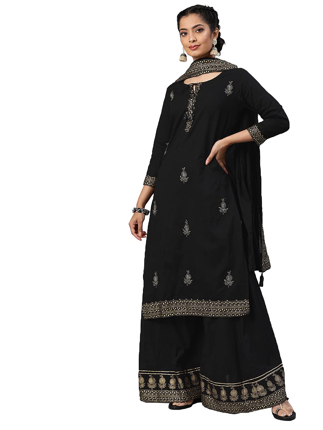 Ishin Women's Cotton A Line Salwar Suit Set (Kurplduppram-989_M_Black_Medium)