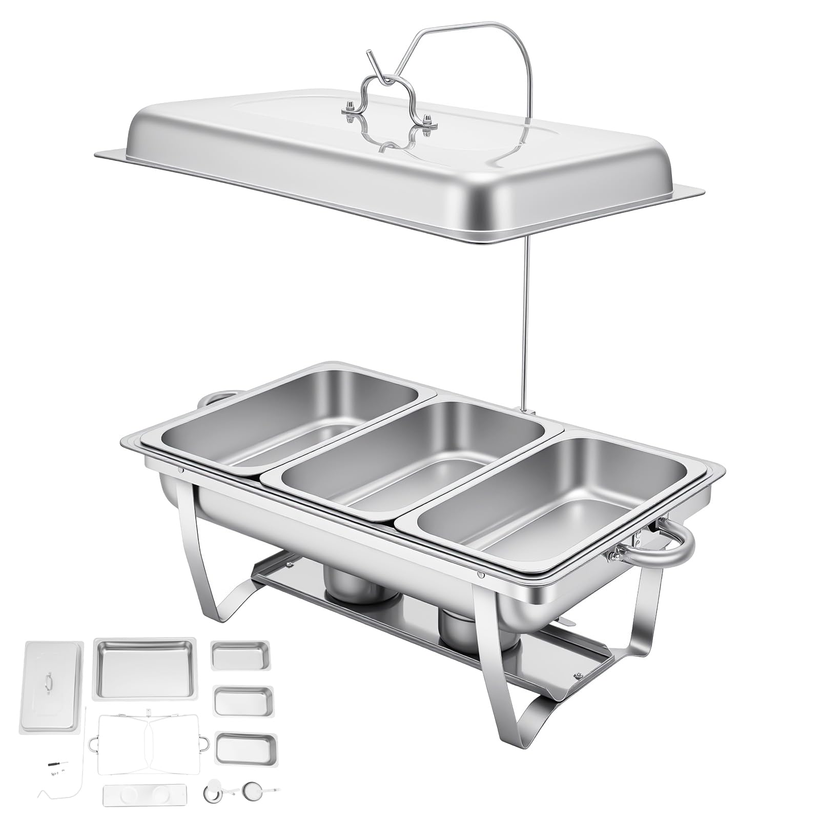 Set scaldavivande Chafing Dish, 9 l, 3 griglie, in acciaio inox, 55 x 35 x 26,3 cm, contenitore caldo per alimenti, scaldavivande a buffet
